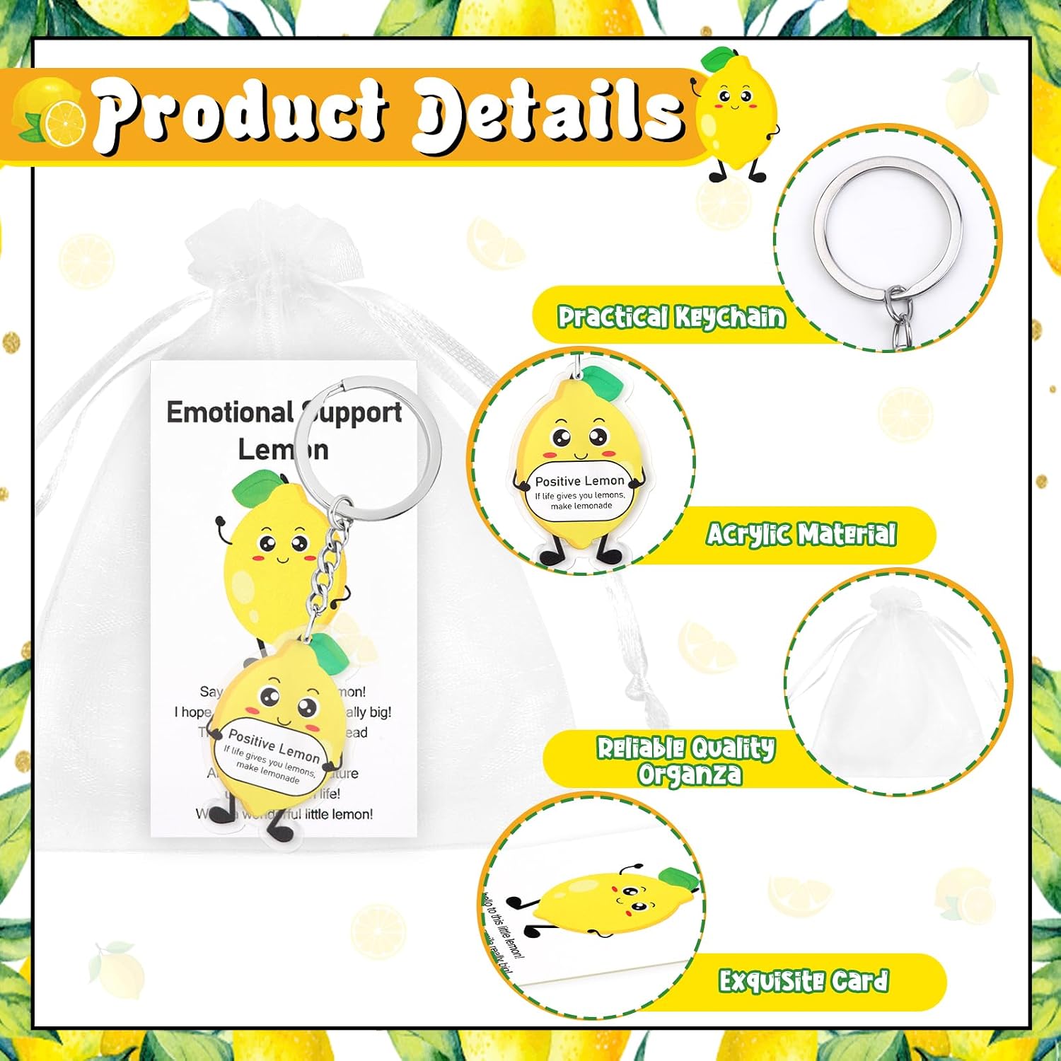Serencatcher 72pcs Lemon Inspirational Keychain Party Favors with Posivite Lemon Keychains Emotional Support Lemon Cards Organza Bags Employee Appreciation Gifts Bulk for Coworkers Office Staff