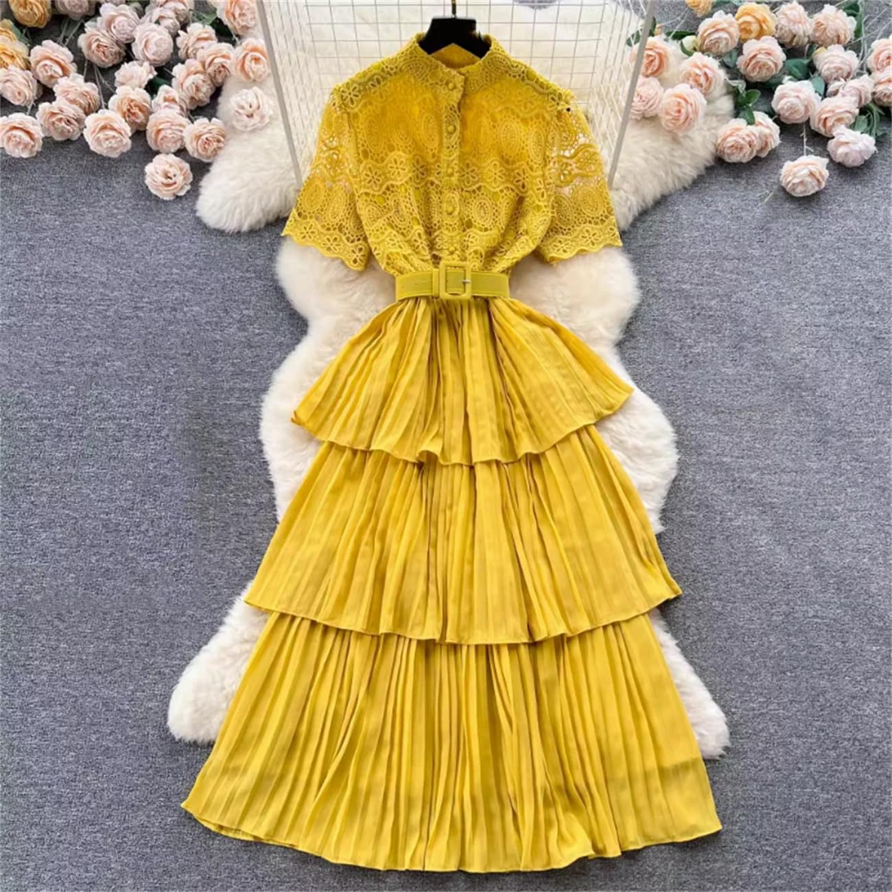 Abito estivo da donna a pieghe a tinta unita, elegante, a maniche corte, casual, a vita alta