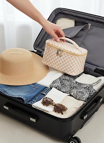 Miniatura 6 de Meiyuuo Makeup Bag Large Cosmetic Bags for Women Girls Cute Travel Zipper Pouch Toiletry Organizer for Beauty Essentials Waterproof (Plaid Khaki)