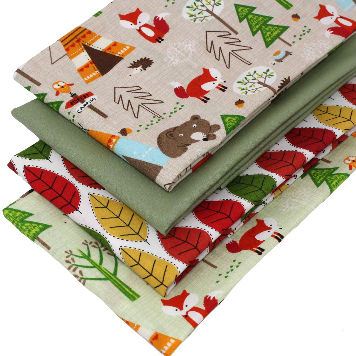4 Fat Quarters Bundle - 'Wild Camping' Fabrics Feature Bear, Fox and Foliage in Green, Orange & Beige. 100% Cotton Ideal for Quilting & Crafting (with a Free Patchwork Pattern by Overdale Fabrics).