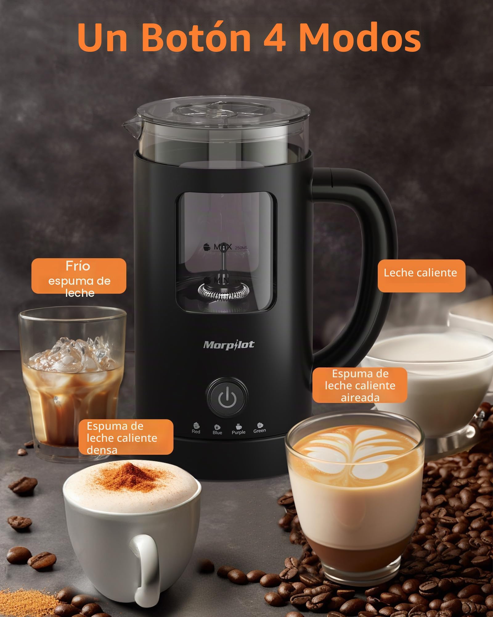 Morpilot Espumador de Leche Eléctrico, Calentador de Leche 600ml, 4 en 1, para Frío y Caliente, Diseño de Latte, Cristal Visual, Negro