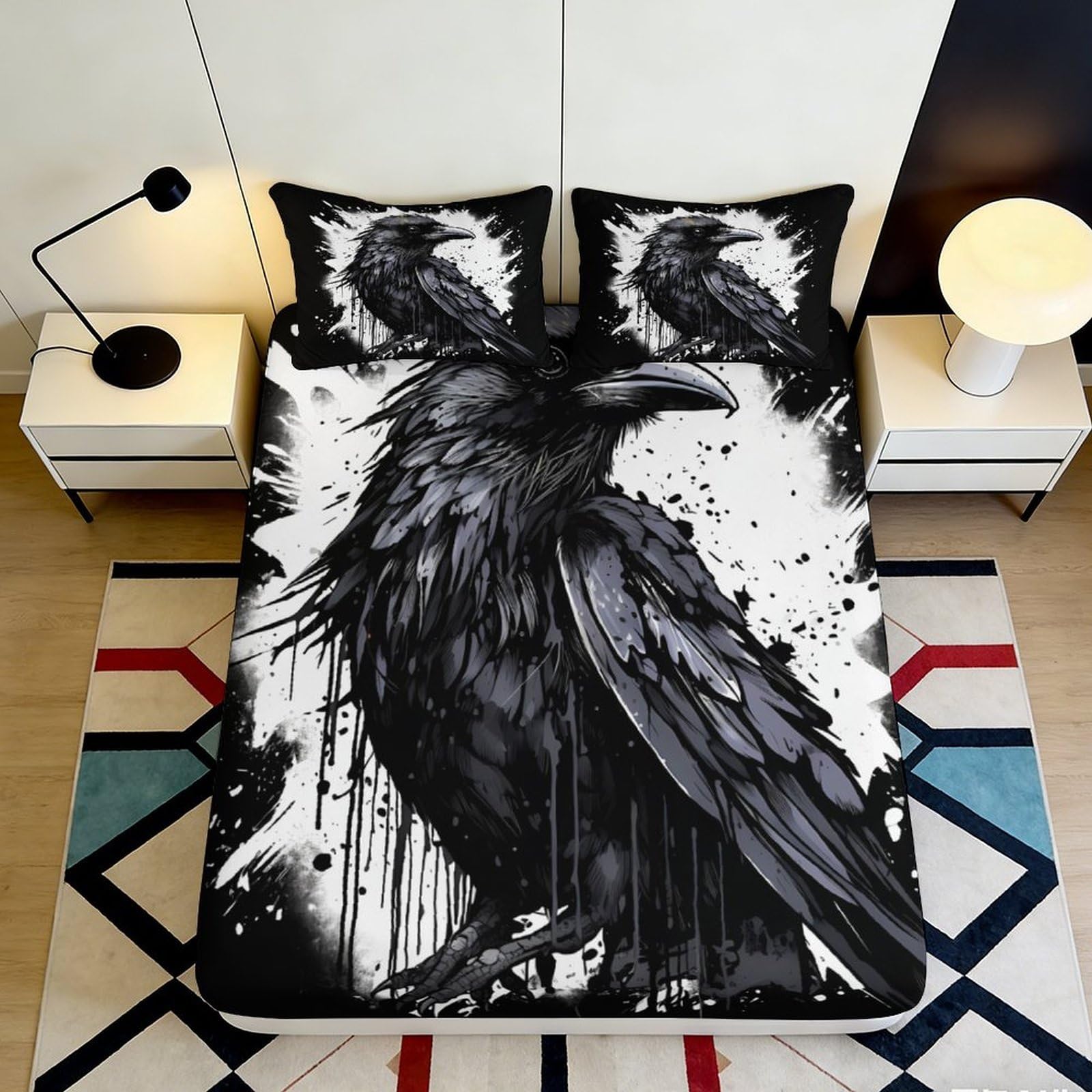 Pnayamiorkfel Style-10 3D Printed Black Raven Fitted Sheet Microfiber Soft Washable Ink Splash Mattress Cover For Bedroom Dorm Decor 90X200x25cm