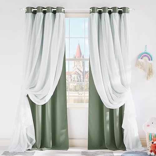 Miniatura 1 de PONY DANCE Cortinas de oscurecimiento de habitación con superposición transparente, cortinas de doble capa para sala de estar, cortinas con