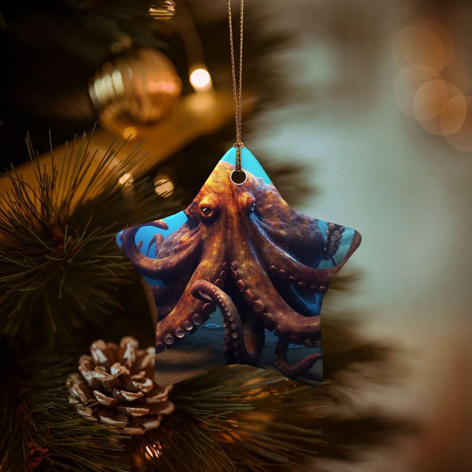 Christmas Ornaments for Christmas Tree Decoration Hanging Huge Octopus Ornament with Gold Ribbon Crafts Star Shape Ceramic Pendant for Keepsake Gifts Xmas Decor Party Supplies