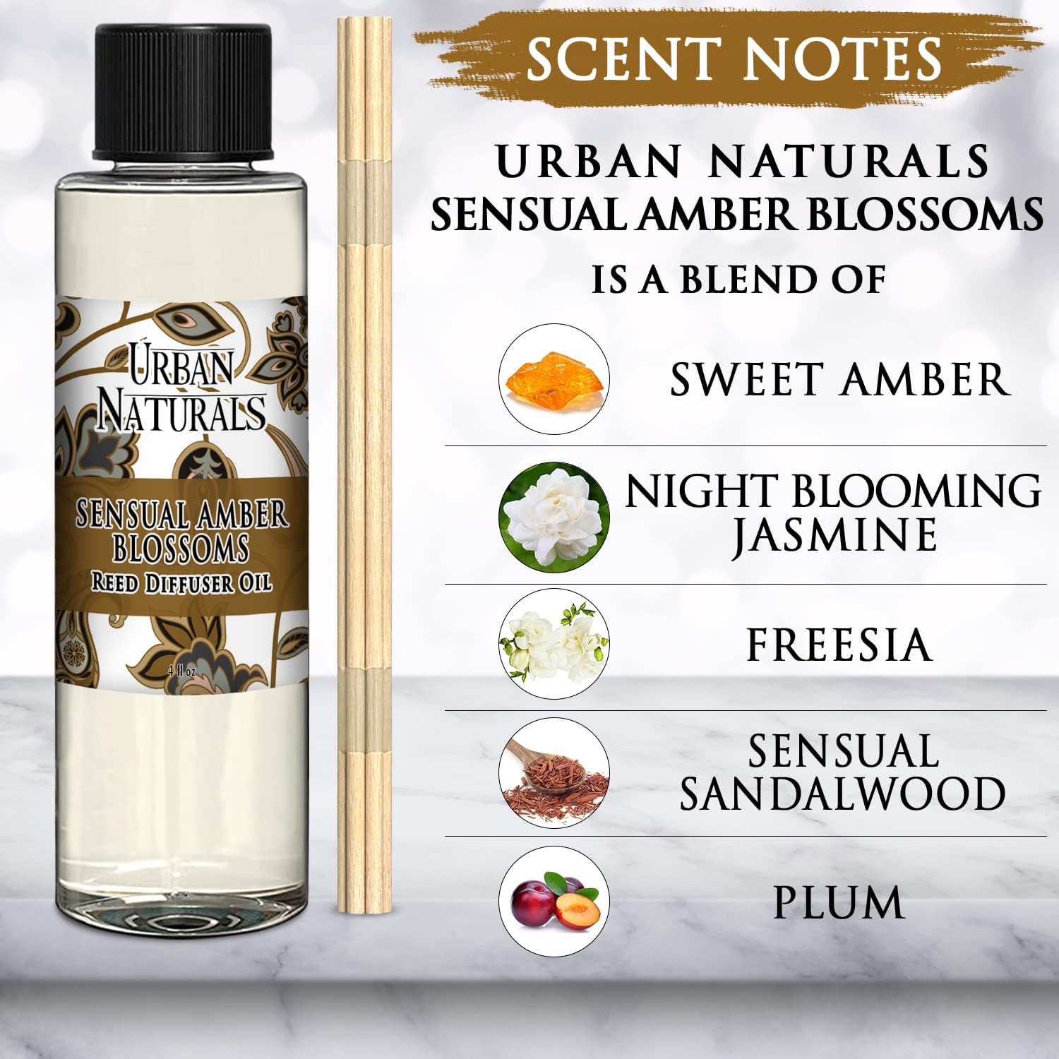 Urban Naturals Sensual Amber Blossoms Reed Diffuser Refill, 4 oz, Bundle with Sensual Amber Blossoms Reed Diffuser Set - Made with Essential Oils in The USA