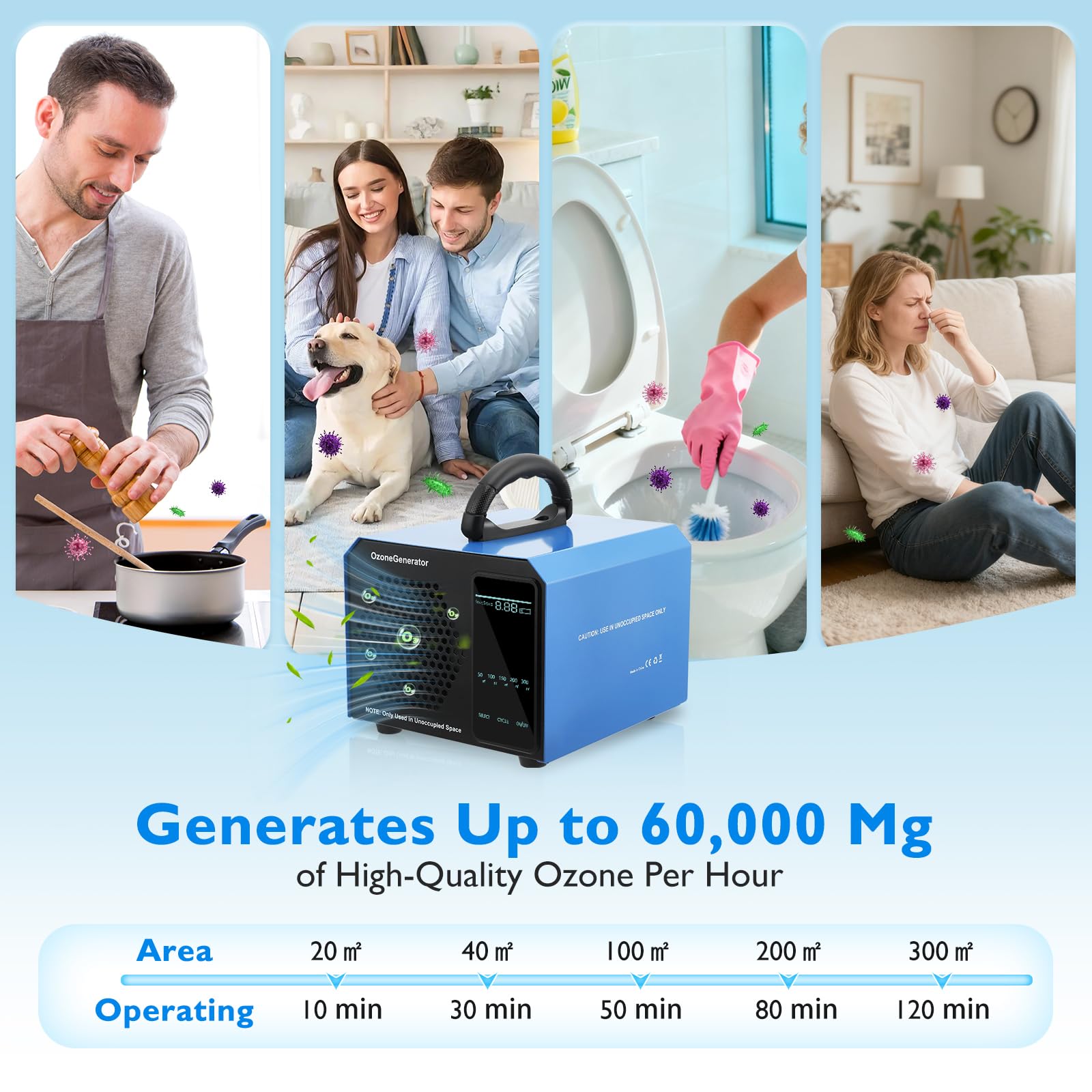 Generatore di ozono 60000 mg/h, dispositivo di ozono fino a 400 m², ozonizzatore industriale con touchscreen LCD e modalità superficie, timer 120 minuti, purificatore d'aria per auto, appartamento