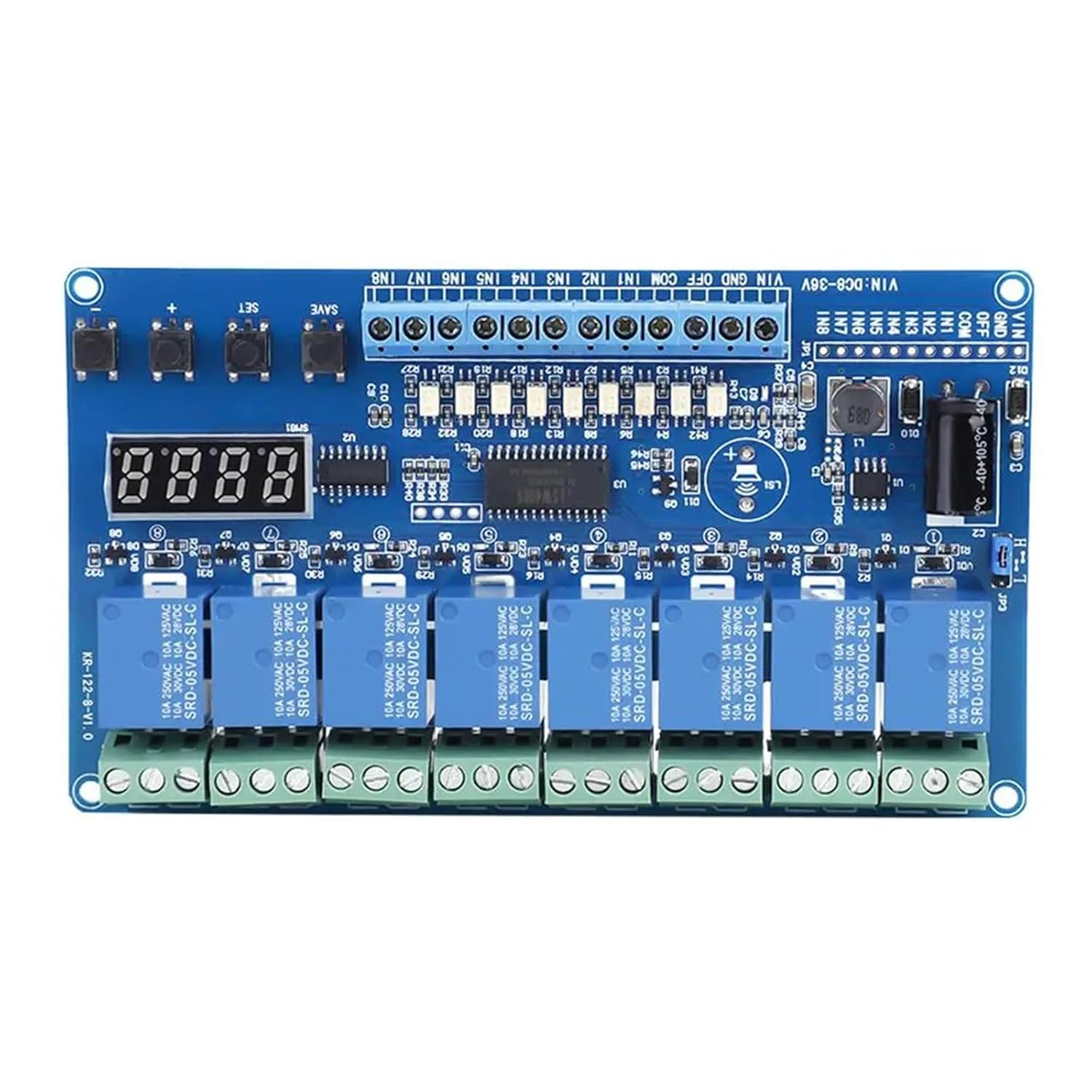 8-Channel Multifunction Time Delay Relay Module 8-36V with Optocoupler & LED Latching for Automation