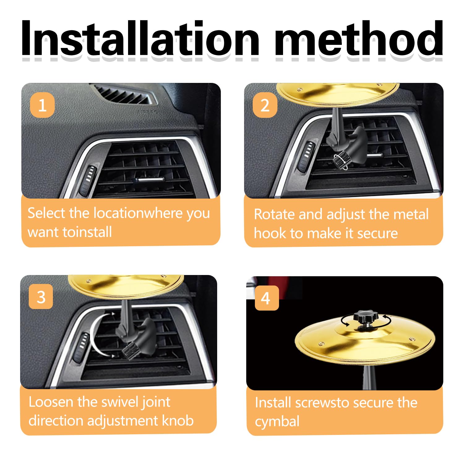 2-teilige Mini-Auto-Trommel und Entlüftungsclip im Becken-Stil – ein lustiges Armaturenbrett-Musikzubehör für Musik-Enthusiasten, geeignet für die meisten Fahrzeuge (Gold und Silber)