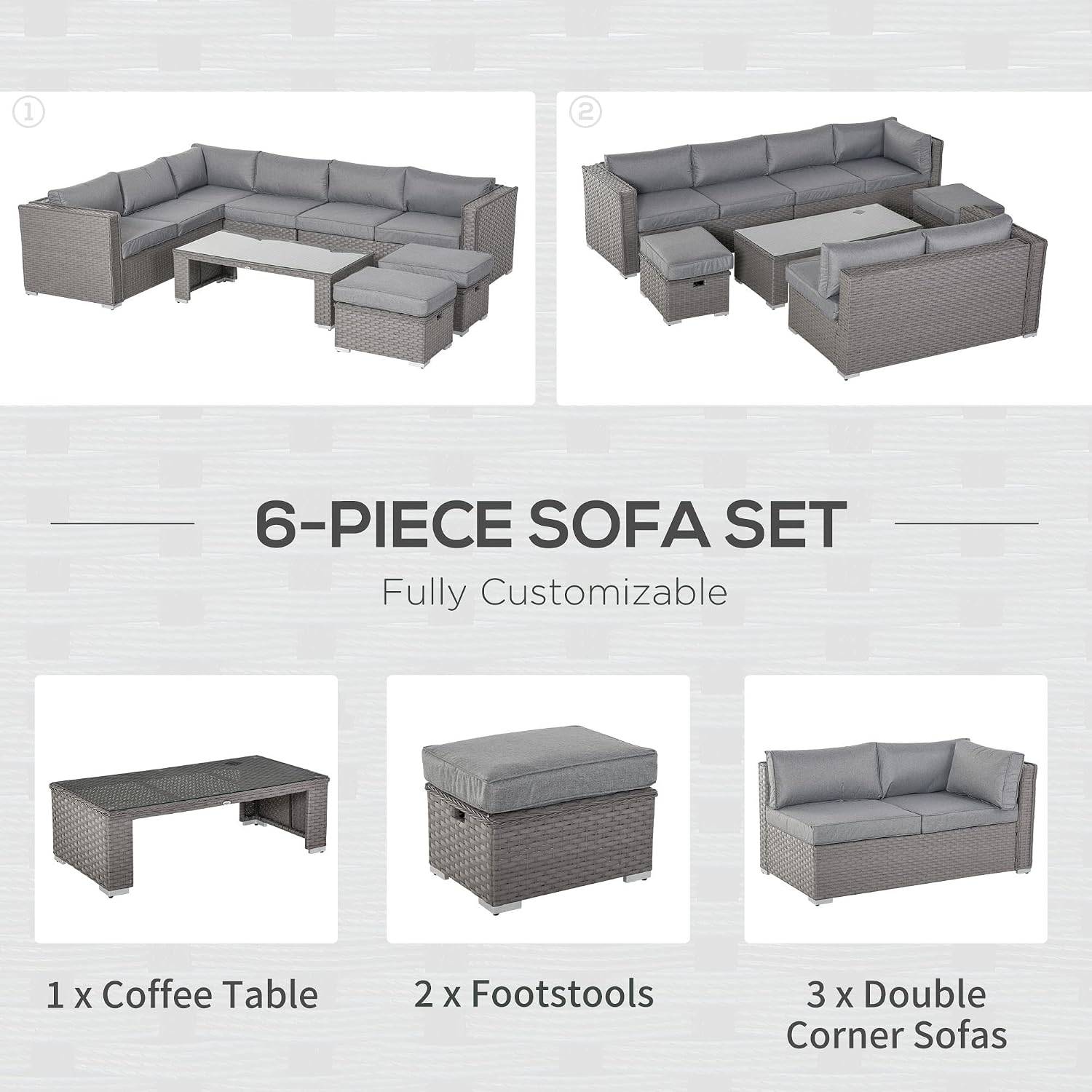 Outsunny 6 PCs PE Rattan Wicker Corner Sofa Set, Outdoor Aluminum Conservatory Furniture Lawn Patio Coffee Table Footstool w/Cushion - Grey - Image 6