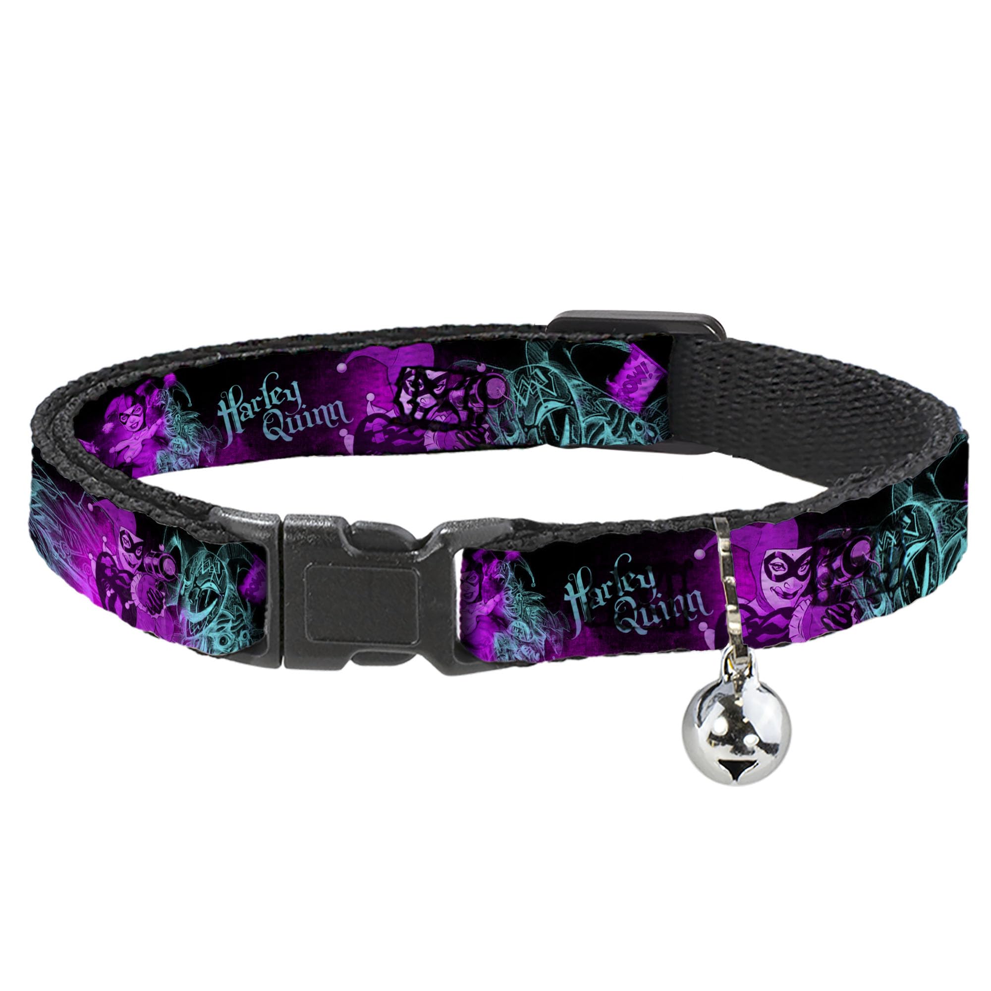 Buckle-Down Breakaway Cat Collar - HARLEY QUINN Pow & Aiming Poses/Joker Sketch Black/Turquoise/Fuchsia