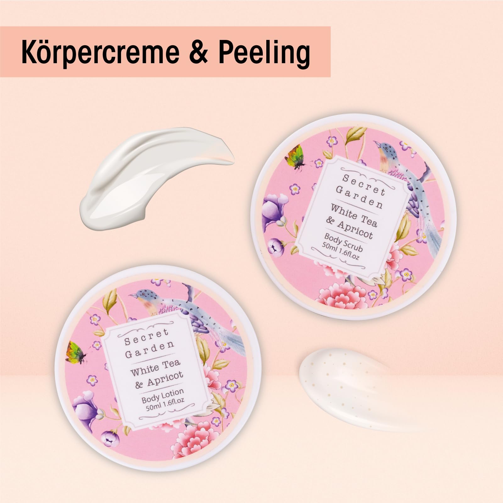 Accentra Geschenkset SECRET GARDEN, 10-teiliges Geschenkset für Frauen mit Duschgel, Schaumbad, Lotion, Peeling, Handcreme, Badesalz, Rosenkonfetti und Badebombe in einer Holzbox, White Tea Apricot
