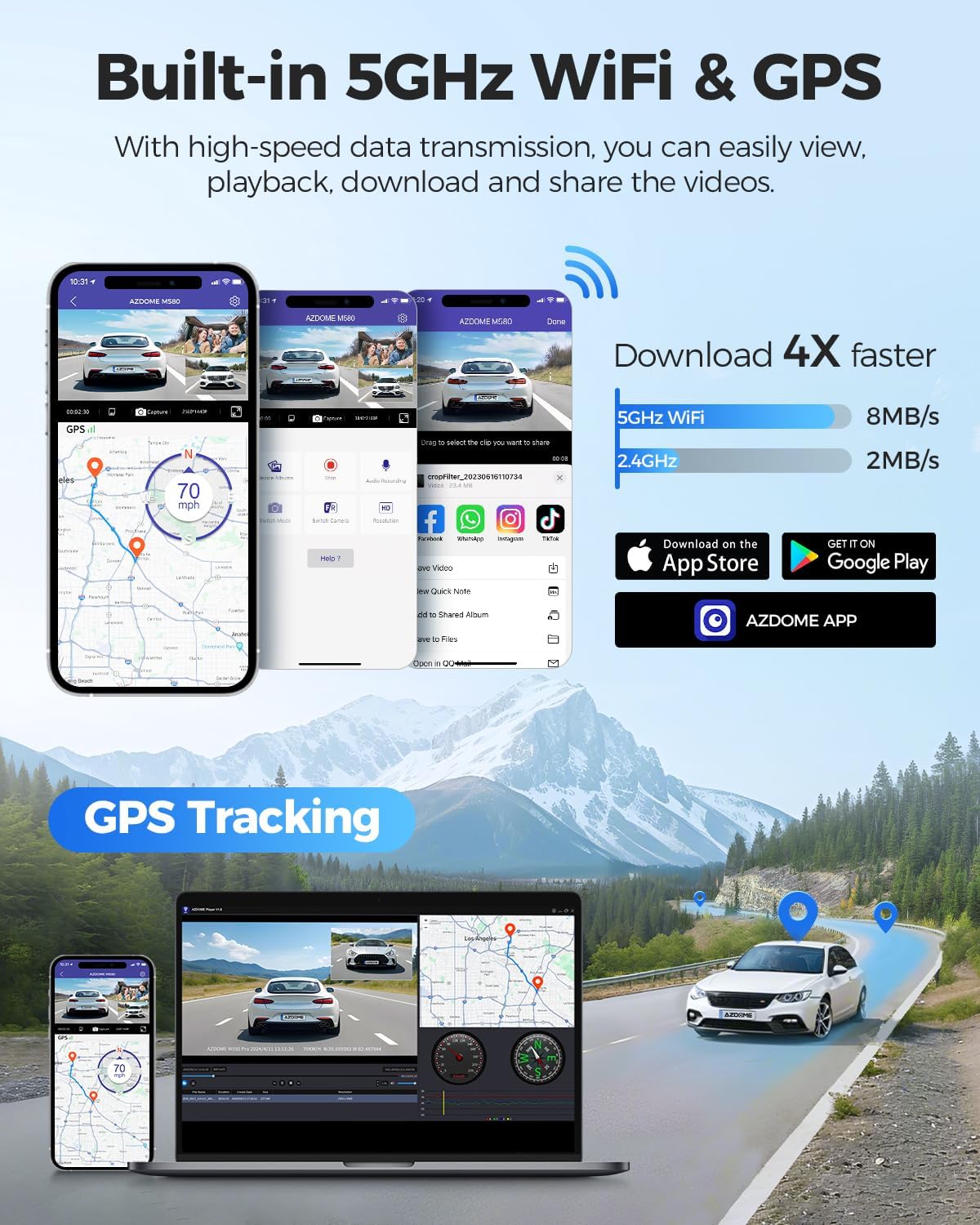 AZDOME 5K 3 Channel Dash Cam, Free 64GB Card, 4" Touchscreen Car Camera, 5G WiFi GPS Dashcam Front and Rear Inside 4K+1080P+1080P, IR Night Vision Driving Recorder, G-Sensor Parking Mode (M580)