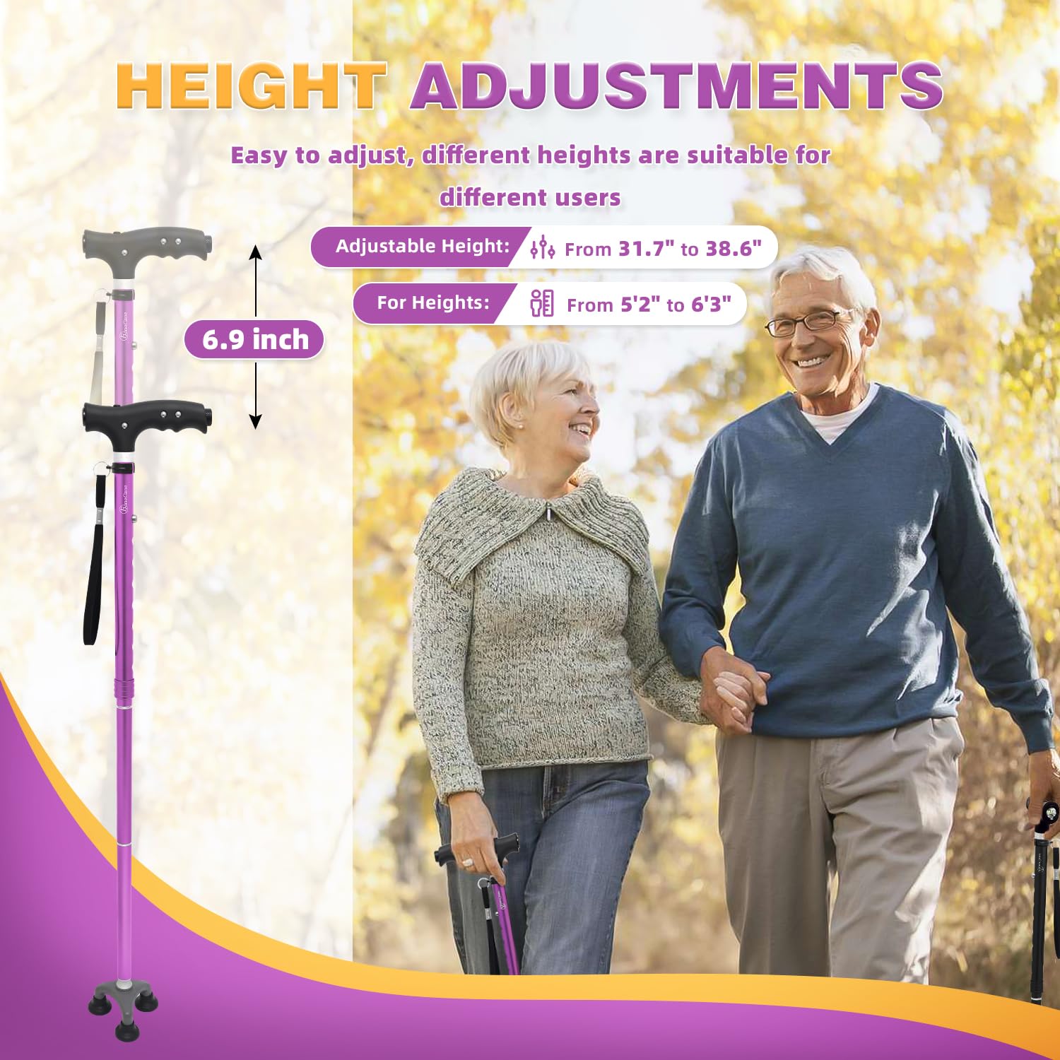 BeneCane - Bastones y Bastones Plegables Ajustables de Viaje para Hombres y Mujeres, Luz LED y Mango de Fácil Agarre para Personas Mayores de Artritis..