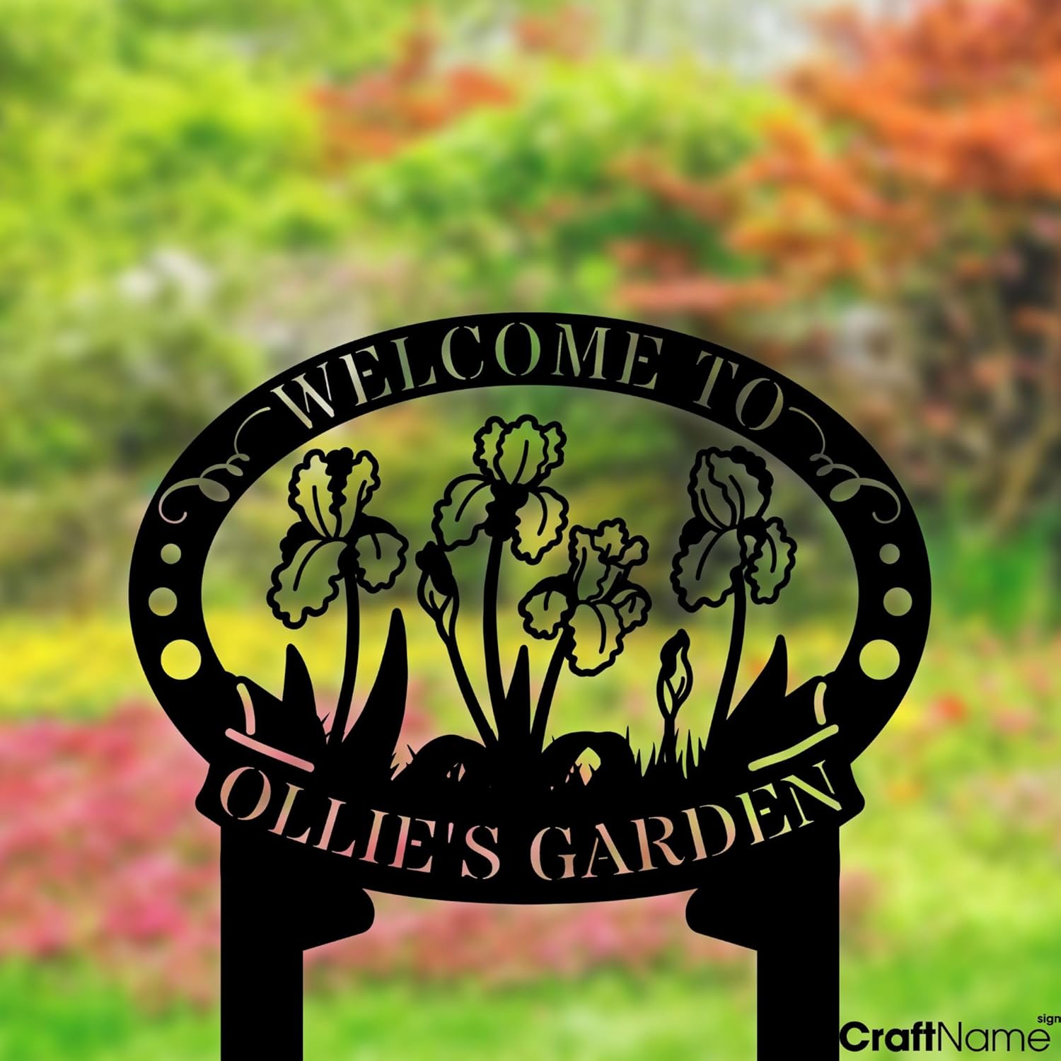 Personalized Irises Flower Garden Sign with Stake for The Great Outdoors, Custom Metal Plaque Stake Yard Signs with Stakes, Welcome Sign for Front Door