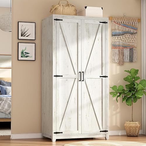 Miniatura 7 de Juego de 2 armarios grandes de 1,78 m con barra para colgar, armario de almacenamiento de ropa de estilo granja con 2 puertas de granero, armarios