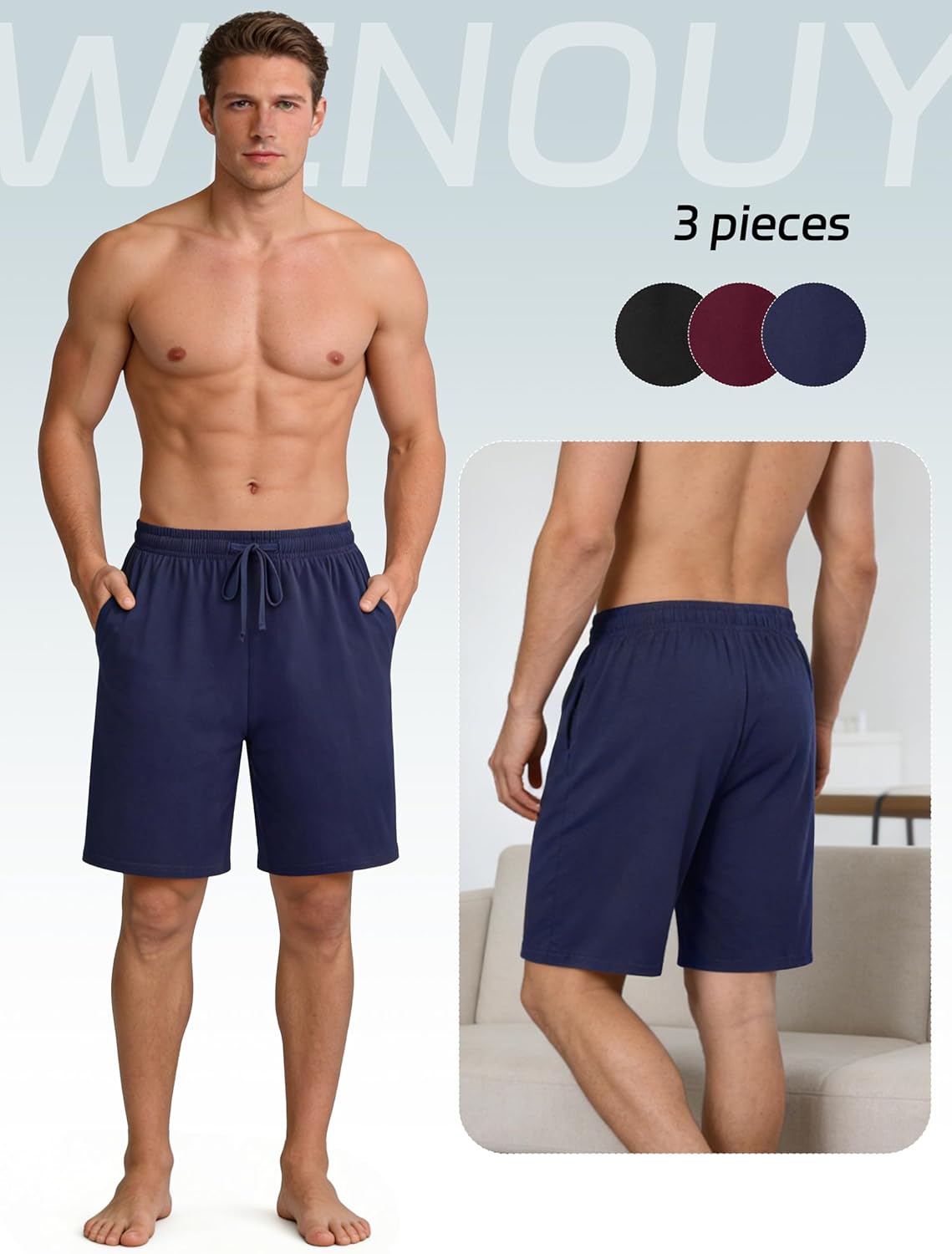 3 Pack Mens Cotton Pajama Shorts Soft Comfortable Lounge Shorts with Drawstring & Two Pockets Sleep Bottoms for Men - Image 5