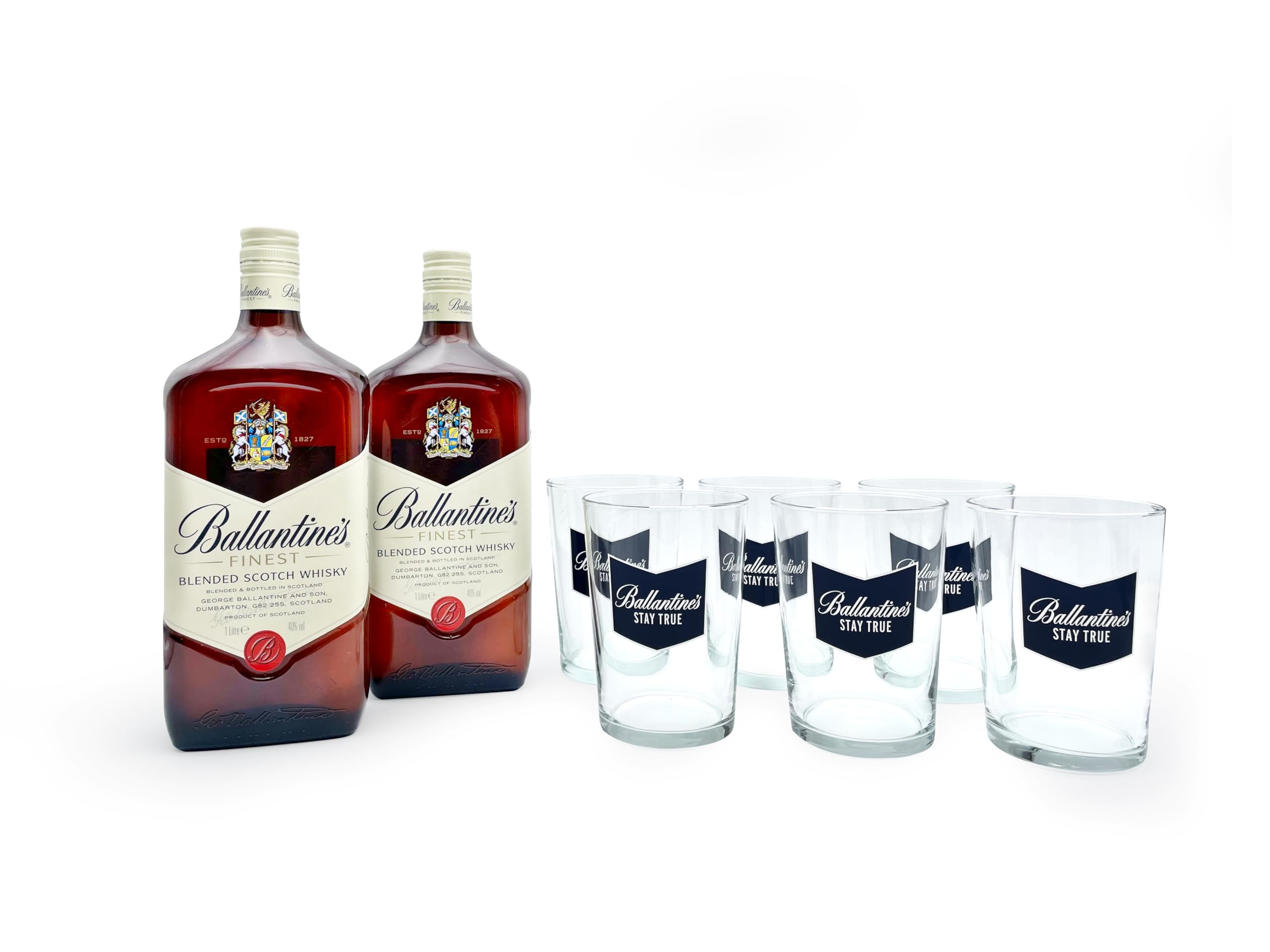 Ballantine's Finest Whisky Escocés, Pack de 2 Botellas y 6 Vasos de Regalo, 1 L