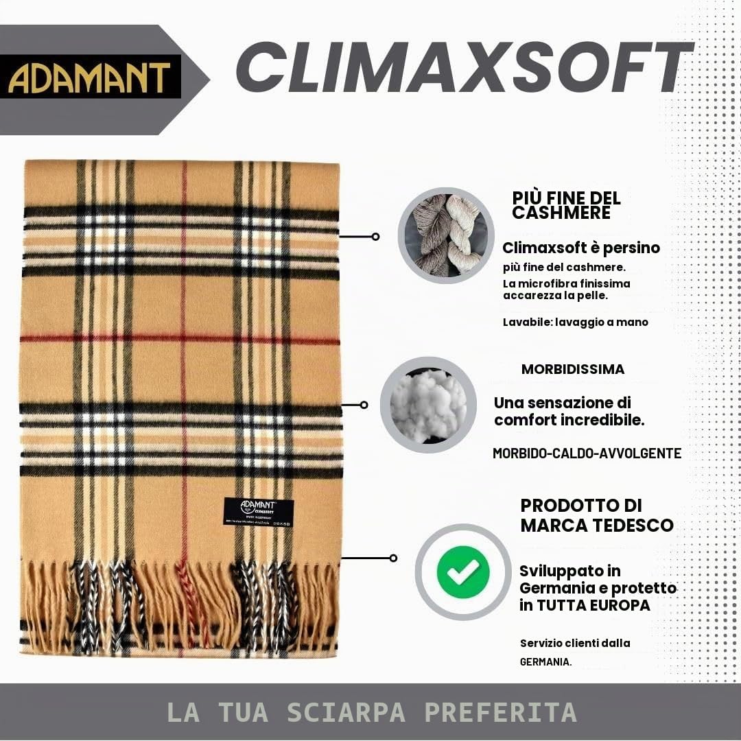 100% Climaxsoft® - Sciarpa da uomo (morbida come cashmere), made in Germany, tinta unita e a quadretti, 180 x 30 cm