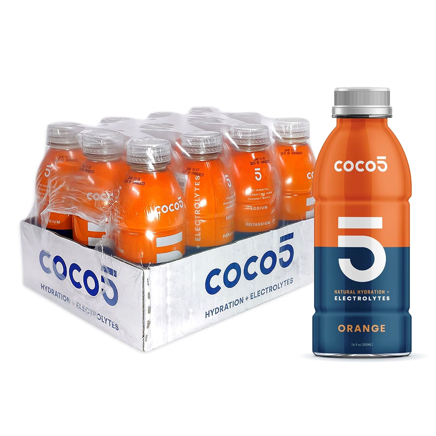 Coco5 Clean Sports Hydration Orange Flavor | 100% Natural | 50% Less Sugar | Nothing Artificial | Non-GMO | Gluten Free | Developed by Pro Trainers for Pro Athletes | 16.9 Oz (Pack - 12)