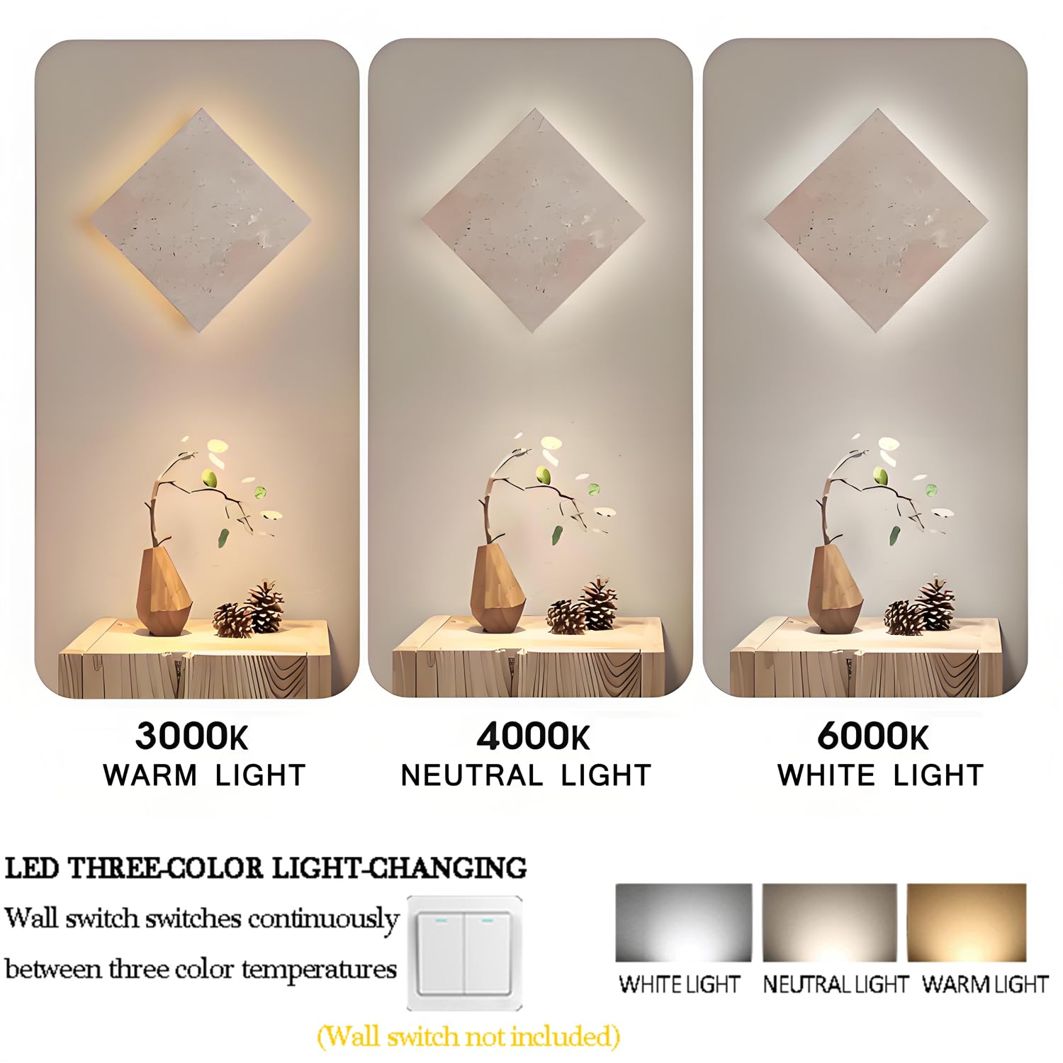 Aplique De Pared LED De Piedra Natural De 18 W, 9,85", Estilo Nórdico Moderno, Cuadrado, De Mármol, 3000 K-4000 K-6000 K, para Interiores, Estilo Rústico, Dormitorio, Sala De Estar Y Baño.