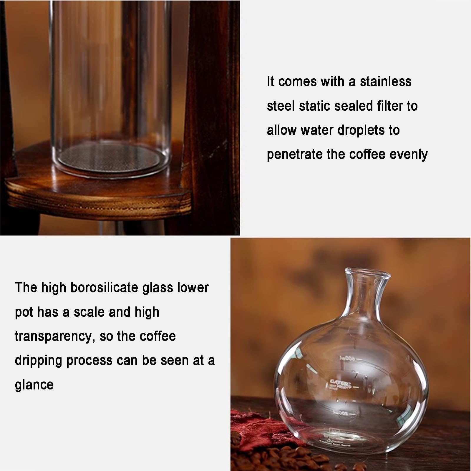 Cold Brew Kaffeeturm, Eisfilterkaffeemaschine Mit Doppelventil – Slow Drip-Technologie, Holzständer, Großes Fassungsvermögen 600 Ml, Für Das Homeoffice