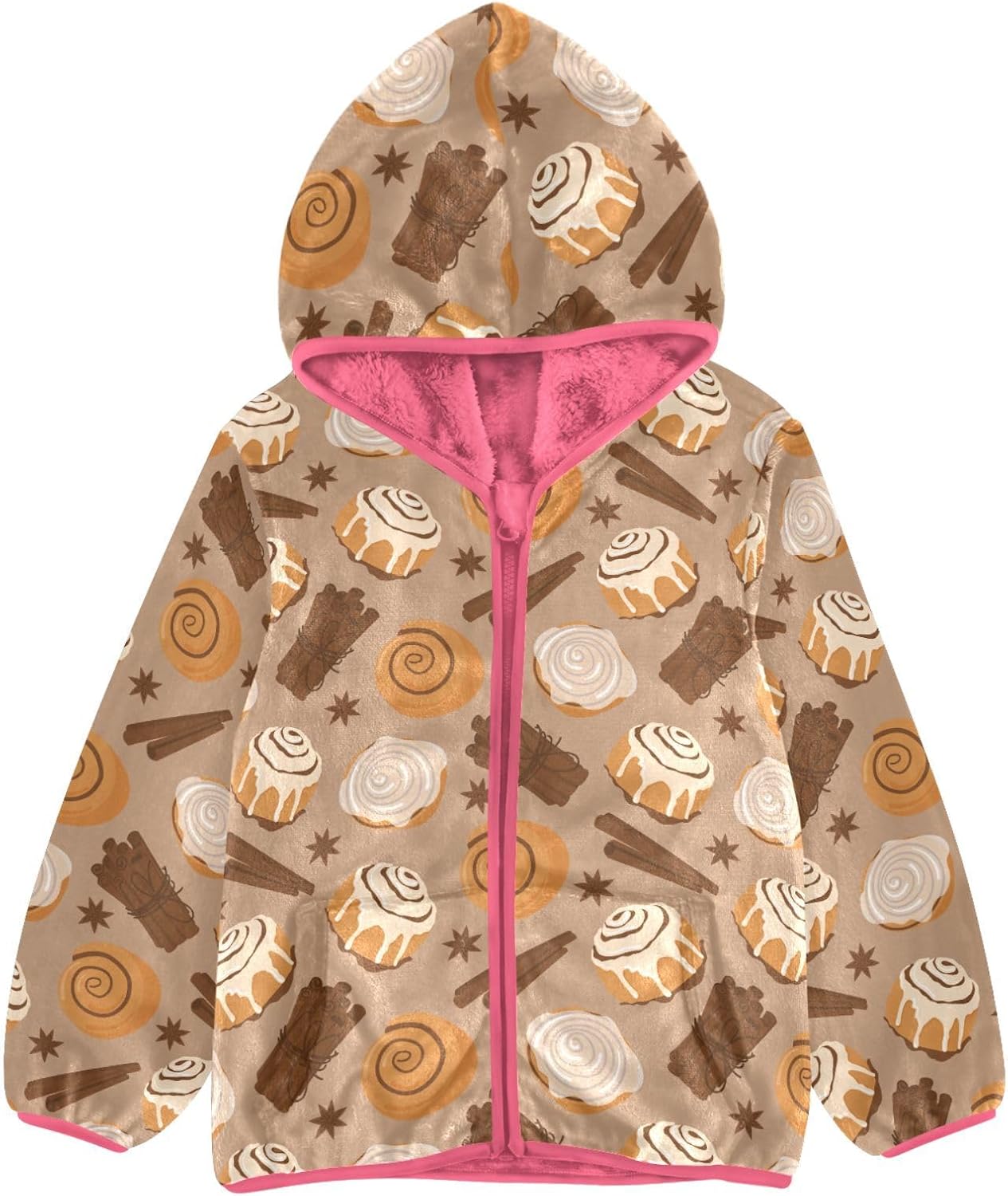 Cinnamon Roll Toddler Fleece Jacket Baby Girls Hooded Zipper Long Sleeve Thick Warm Outerwear 3-10 Years