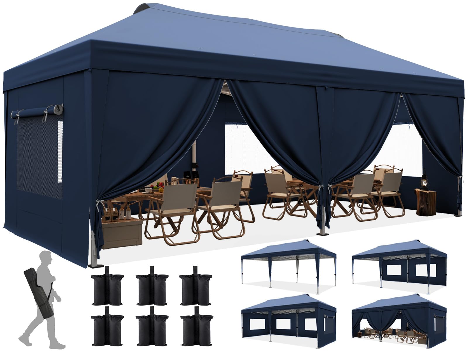Quictent Pavillon 3x6m Faltpavillon EIN-Tasten-Zentralverriegelung,Wasserdicht UV-beständig, Gartenpavillon faltbar mit 6 Seitenwänden, robust für Hochzeiten, Blau