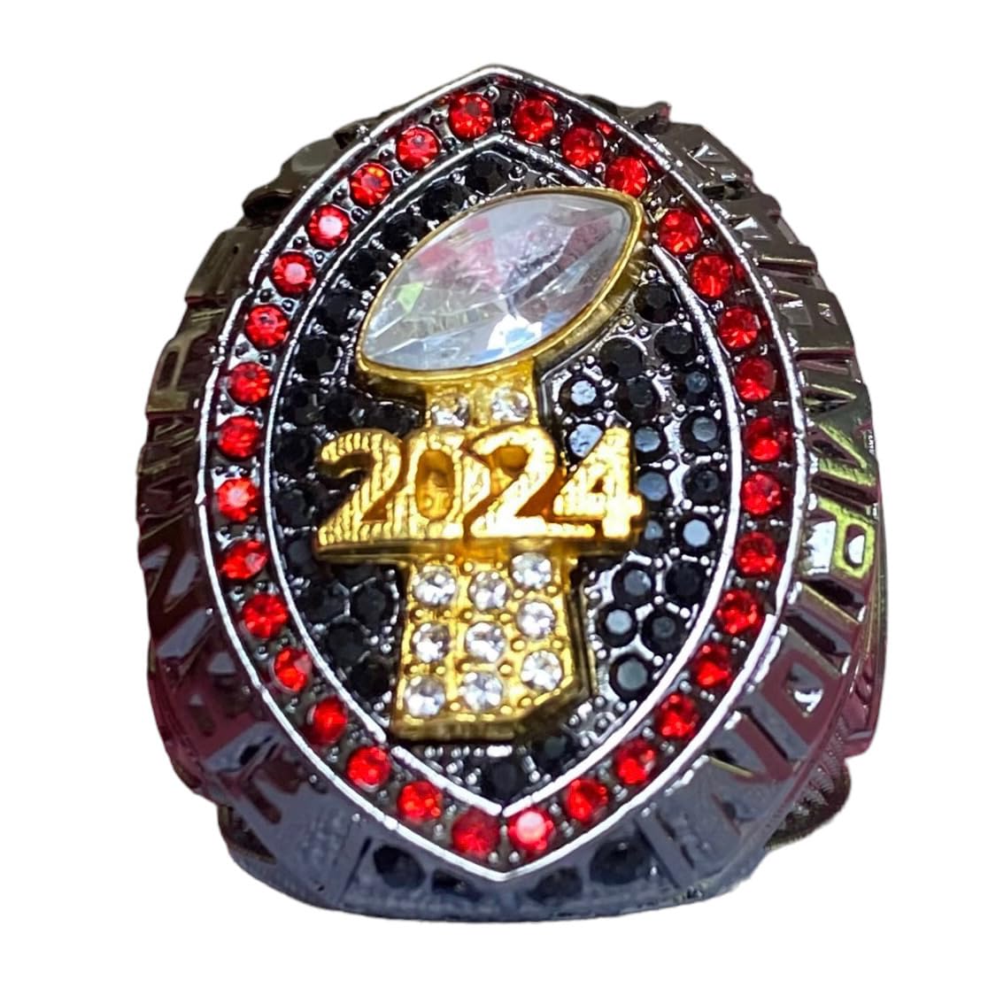 Legacy Rings 2024 Fantasy Football Championship Trophy Ring | Black Gunmetal Plated Award for Fantasy Football League Winner | Color Stones (Red Outer)
