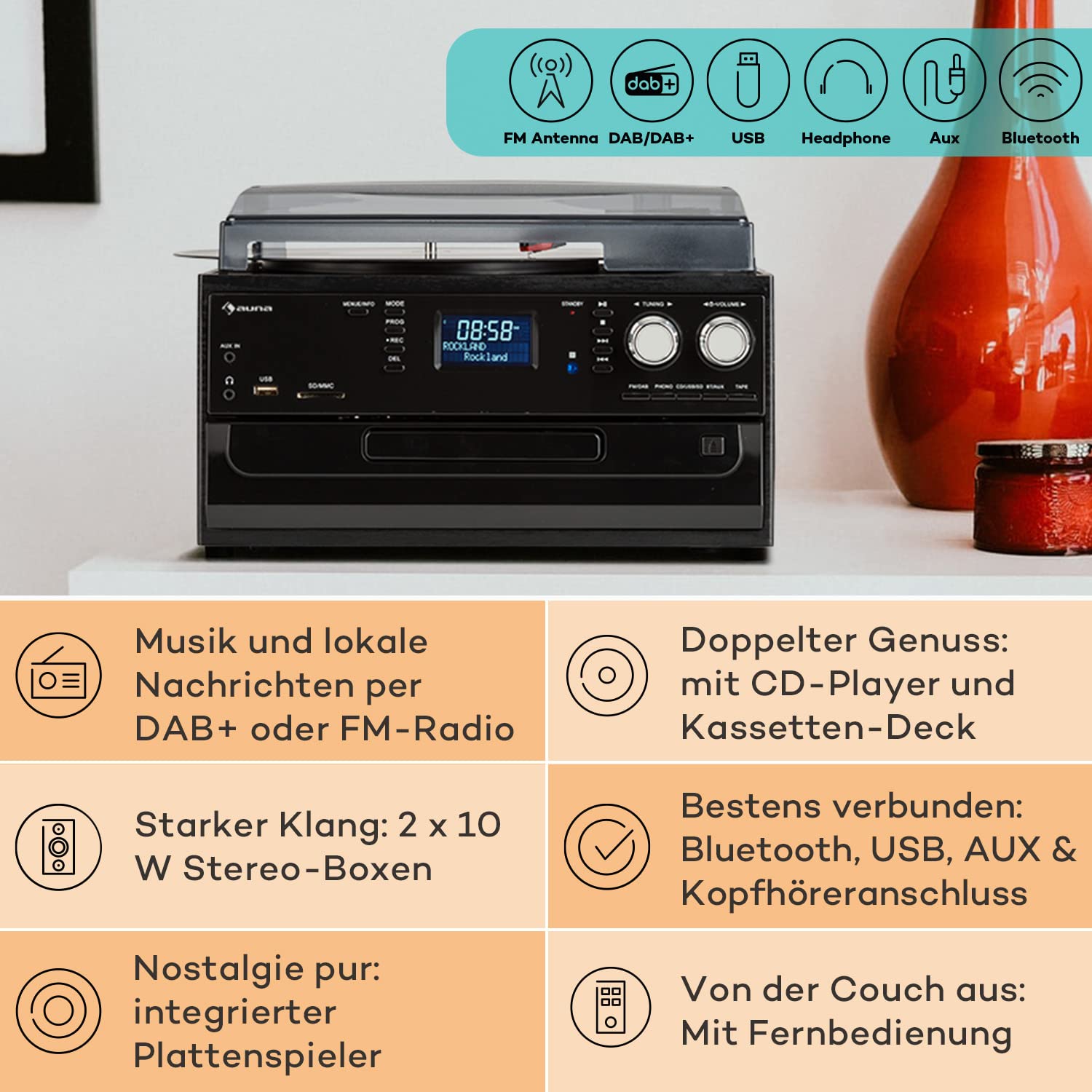 Auna Plattenspieler für Schallplatten, Plattenspieler mit Lautsprecher, CD-Player, USB & DAB Radio, Schallplattenspieler im Retro-Design, Moderner Record Vinyl Player, mit Bluetooth