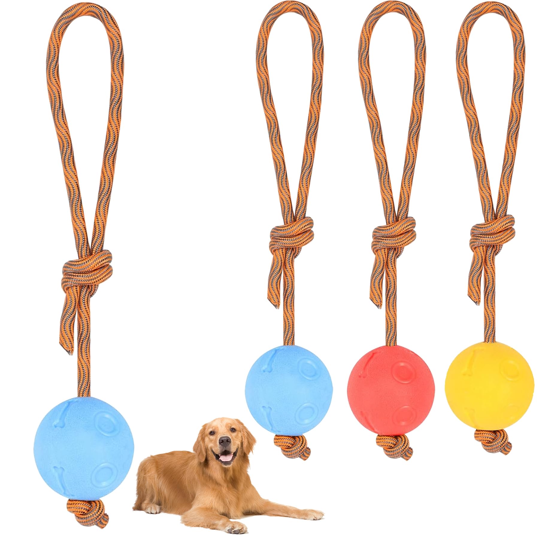 4 Stück Ball mit Schnur Hund, ø 5/30 cm Wurfball am Seil Naturkautschuk, Hundespielzeug Ball mit Seil extrem Weite Würfe, Hundeball Snackball, Hundebälle Kleine Hunde, Große Hunde (Rot Gelb Blau)