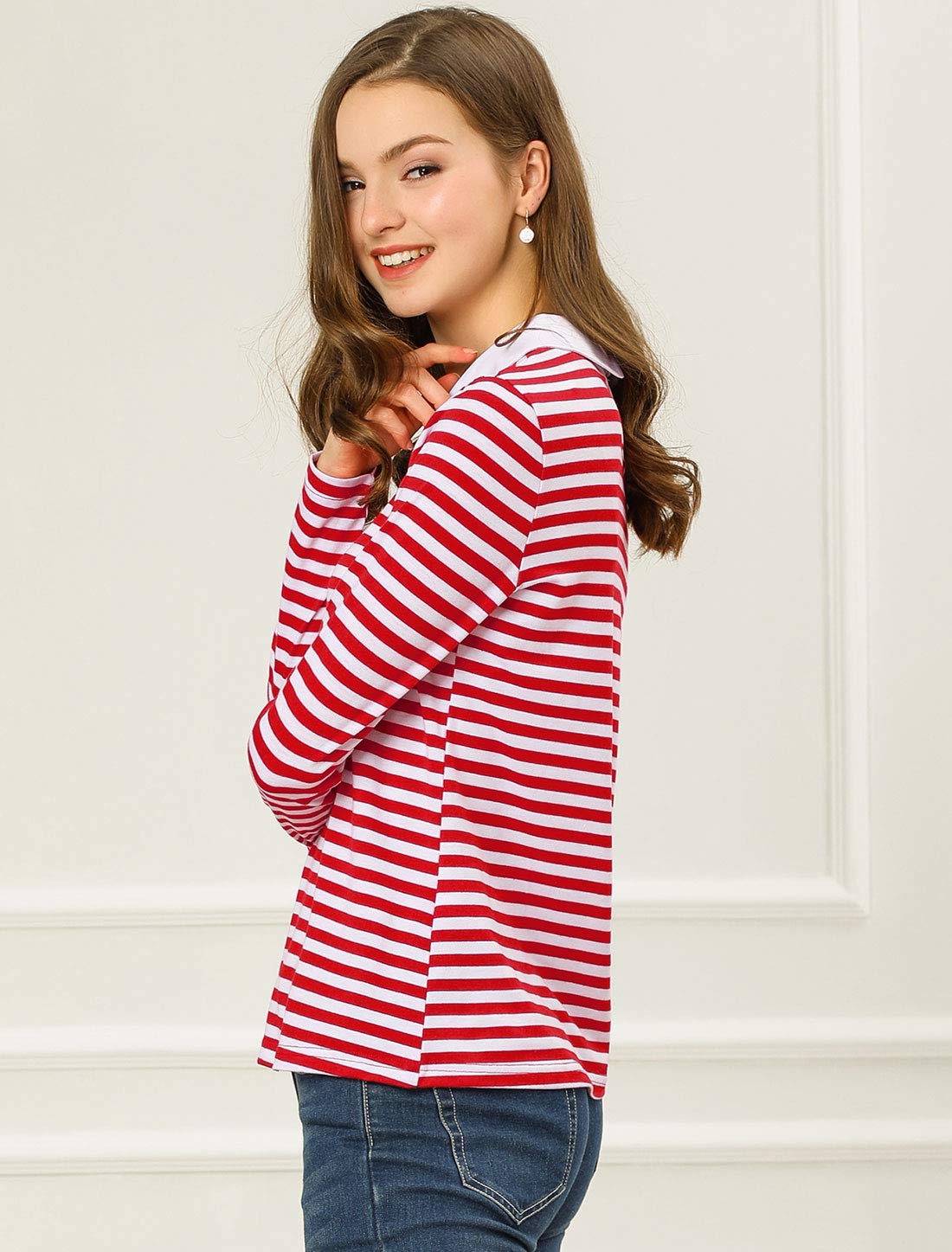 Allegra K Damen T-Shirt Langarm Bubikragen Colorblock Casual Weihnachts Streifen Top Bluse