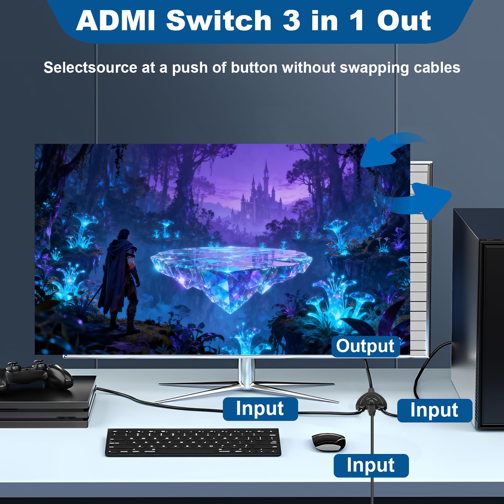 HDMI Switch 3 Ports Commutateur HDMI Sélecteur Splitter 3 Entrée 1 Sorties Répartiteur 4K@30Hz Full HD Pris en Charge Câble Haute Vitesse UHD pour PS5 for X Box Roku Fire TV Stick HDTV One chromecast