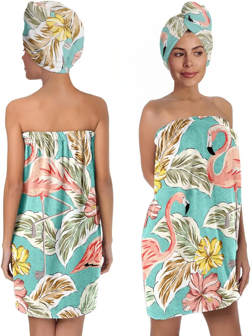 Flamingo Palm Leaves Print Body Bath Towel Wrap & Hair Towel Wrap for Women Girls, Soft Bath Shower Wrap & Hair Drying Towel Set, Quick Dry, Absorbent, Suitable for Spa, Shower, Bath, Gym, Pool (FP2)