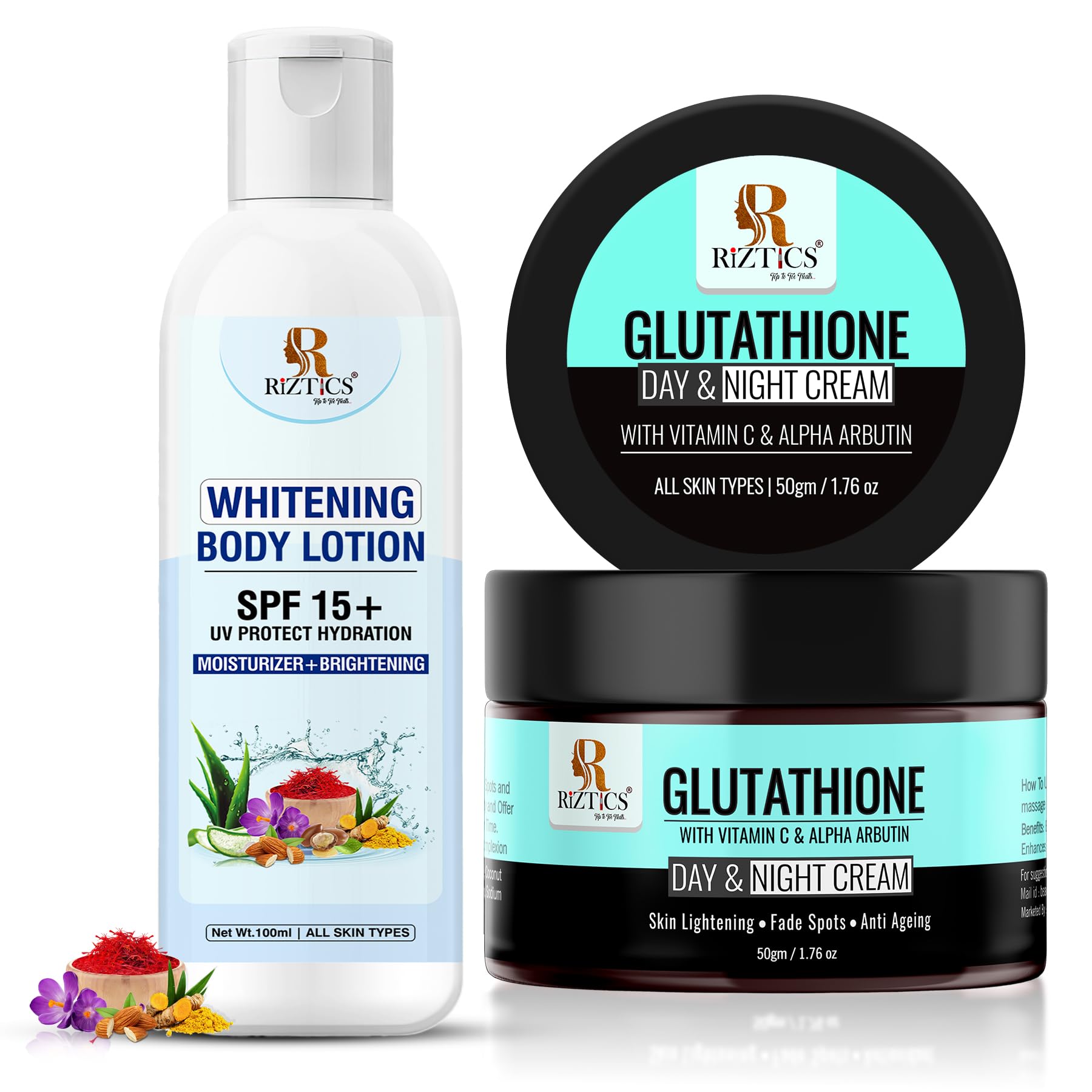 L-Glutathione Cream for Skin Whitening with Vitamin C & Arbutin 50gm & Whitening Body Lotion with Spf 15+ for Skin Brightening & Moisturizer 100ml - Day & Night