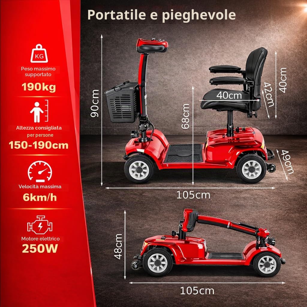 Mobility Scooter Elettrico per Disabili e Anziani di Pieghevole e Leggero, 3S Piegatura Rapida per Mobilità,Pneumatici Antiforatura per Persone con Mobilità Ridotta Sedia a Rotelle (Rosso)