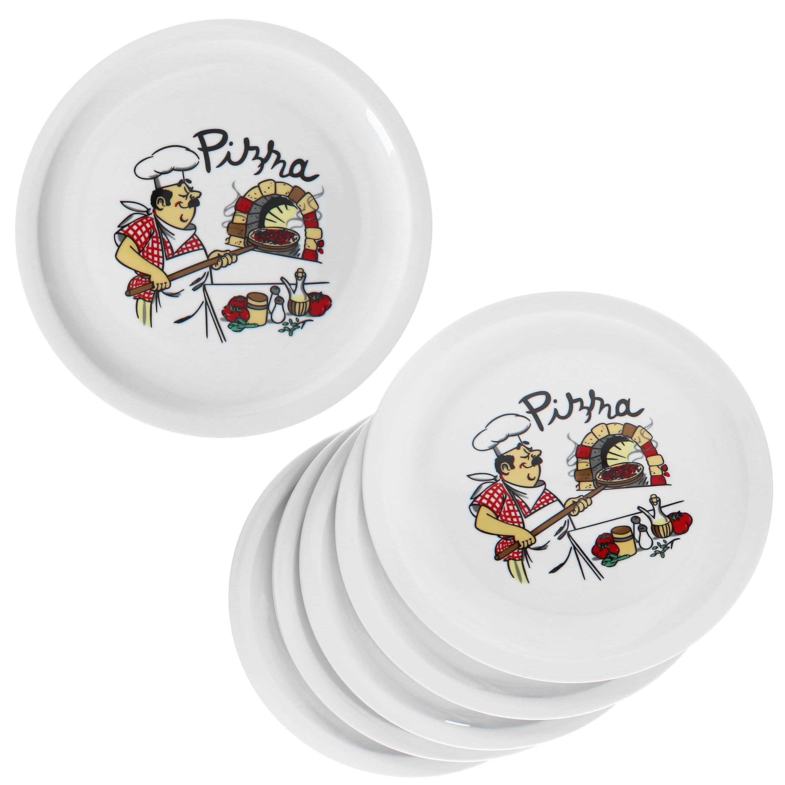 MamboCat 6er Set Mario Pizzateller XXL I Ø 33,5 cm I für 6 Personen I weiße große Pizzateller aus Porzellan mit Pizza-Bäcker Motiv I für Pizzen oder zum Anrichten I große Speiseteller, Servierplatte