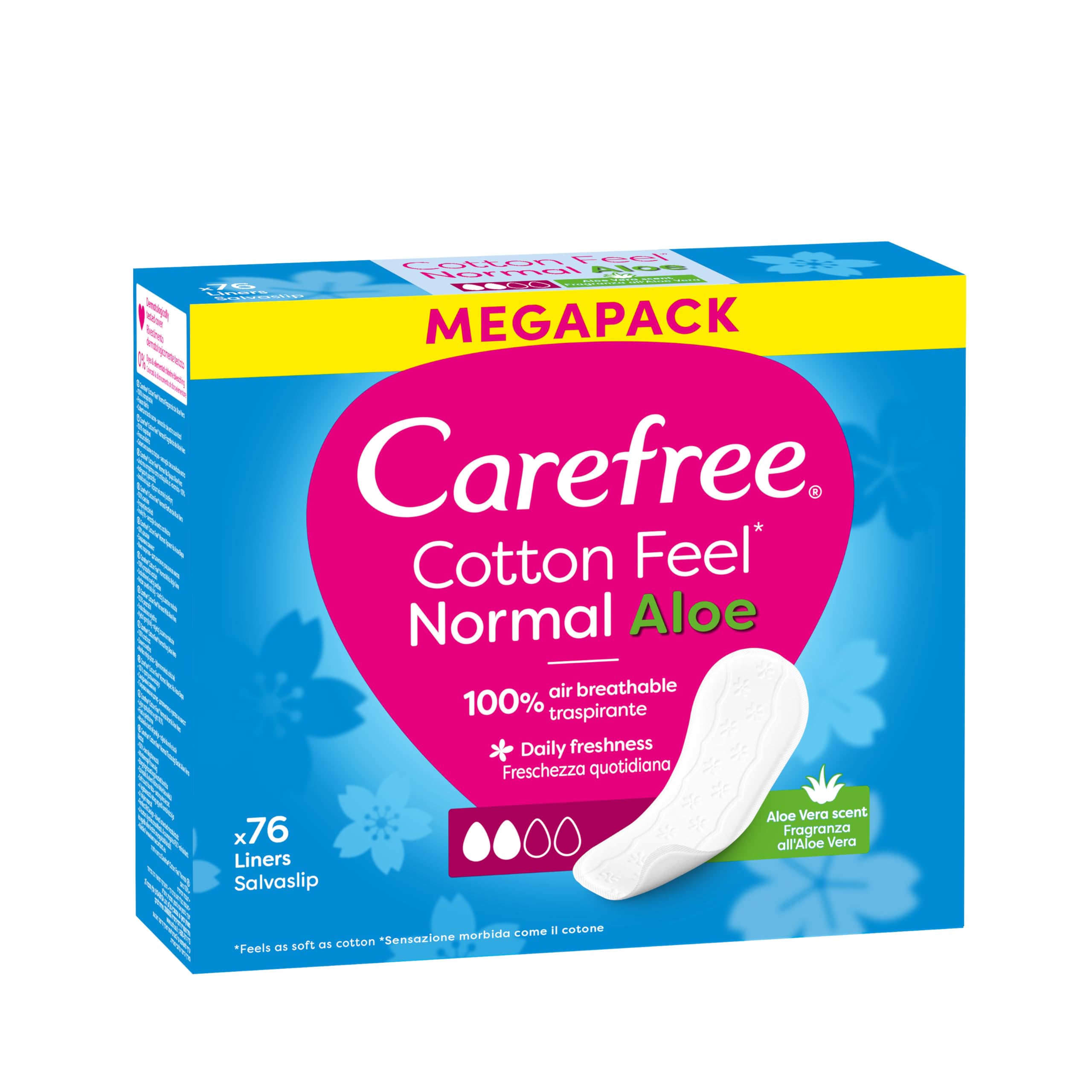 Carefree Cotton Aloe 76 szt. Wkładki higieniczne o zapachu aloesowym. Miękkie i łagodne dla skóry. Zawierają naturalny ekstrakt z bawełny. Nie zawierają barwników, niebielone chlorem.