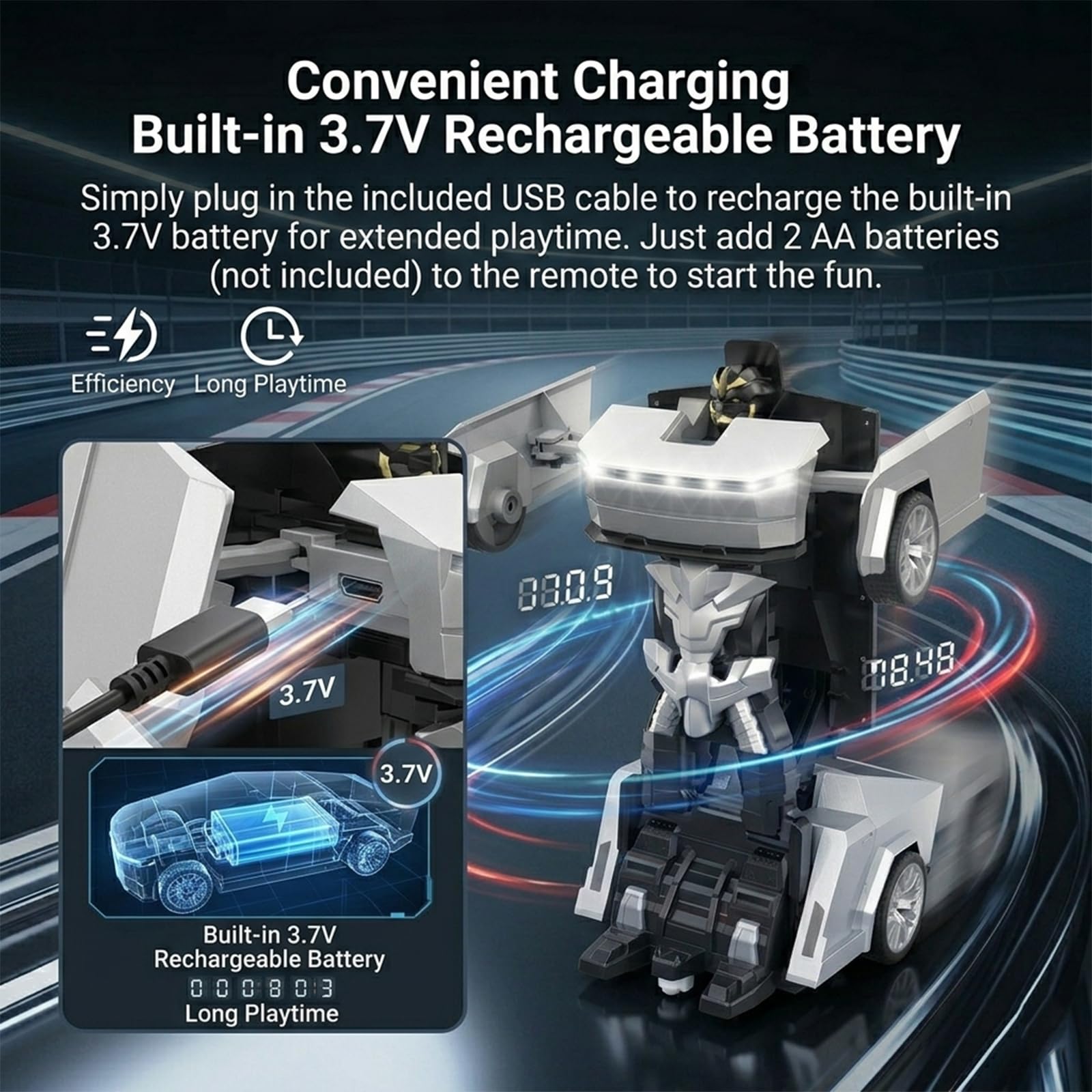 Coche Teledirigido 2-en-1 Transformable Robot – Deformación Automática, Rotación 360° Deriva, Tecnología 2.4G Hz Multijugador, Efectos Luminosos, Recargable