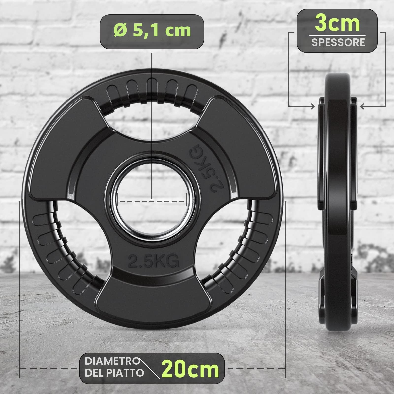 PhysKcal Dischi Pesi Finitura in Gomma Foro Ø50 mm, Dischi Ghisa Gommati Olimpionici Set a Scelta da 1,25 A 25 kg, Tri-Grip Impugnatura - Piastra per Bilanciere, Manubri, Fitness, Allenamento a Casa