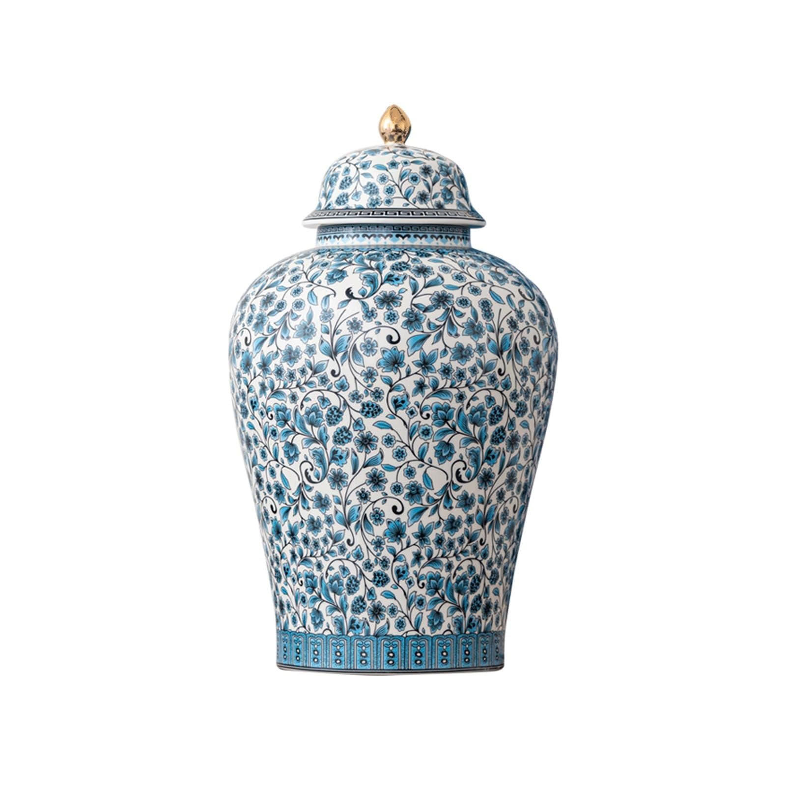 EYPKPL Chinoiserie Blue and White Ginger Jar with Lid, Porcelain Temple Jar, Floral Ceramic Flower Vase for Table Centerpieces Storage vase(21.5x37cm)