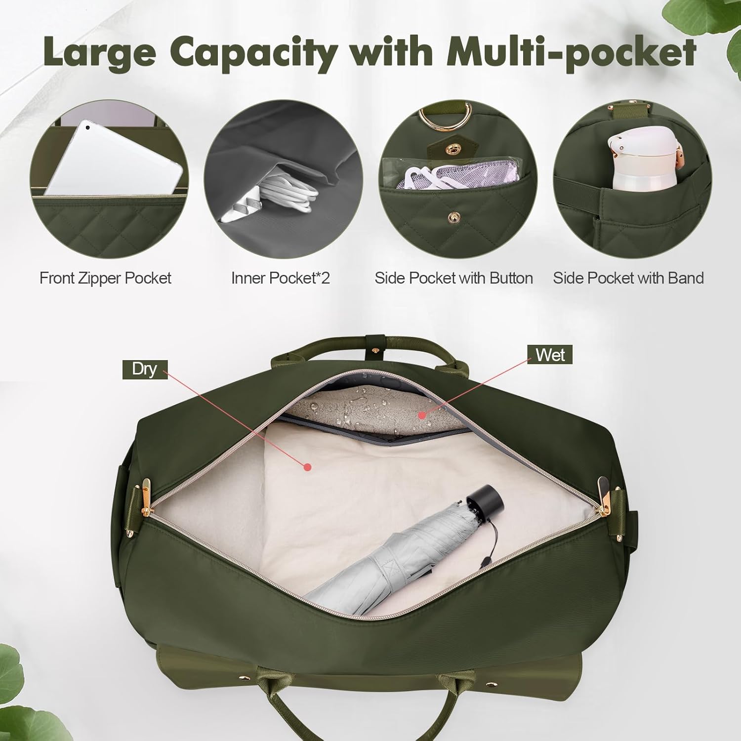 Wedama Travel Duffel Bag, Large Weekender Bag for Women with Shoe Compartment, Carry on Overnight with Toiletry Makeup Bag for Travel Gym Camping Hospital, Green - Image 3