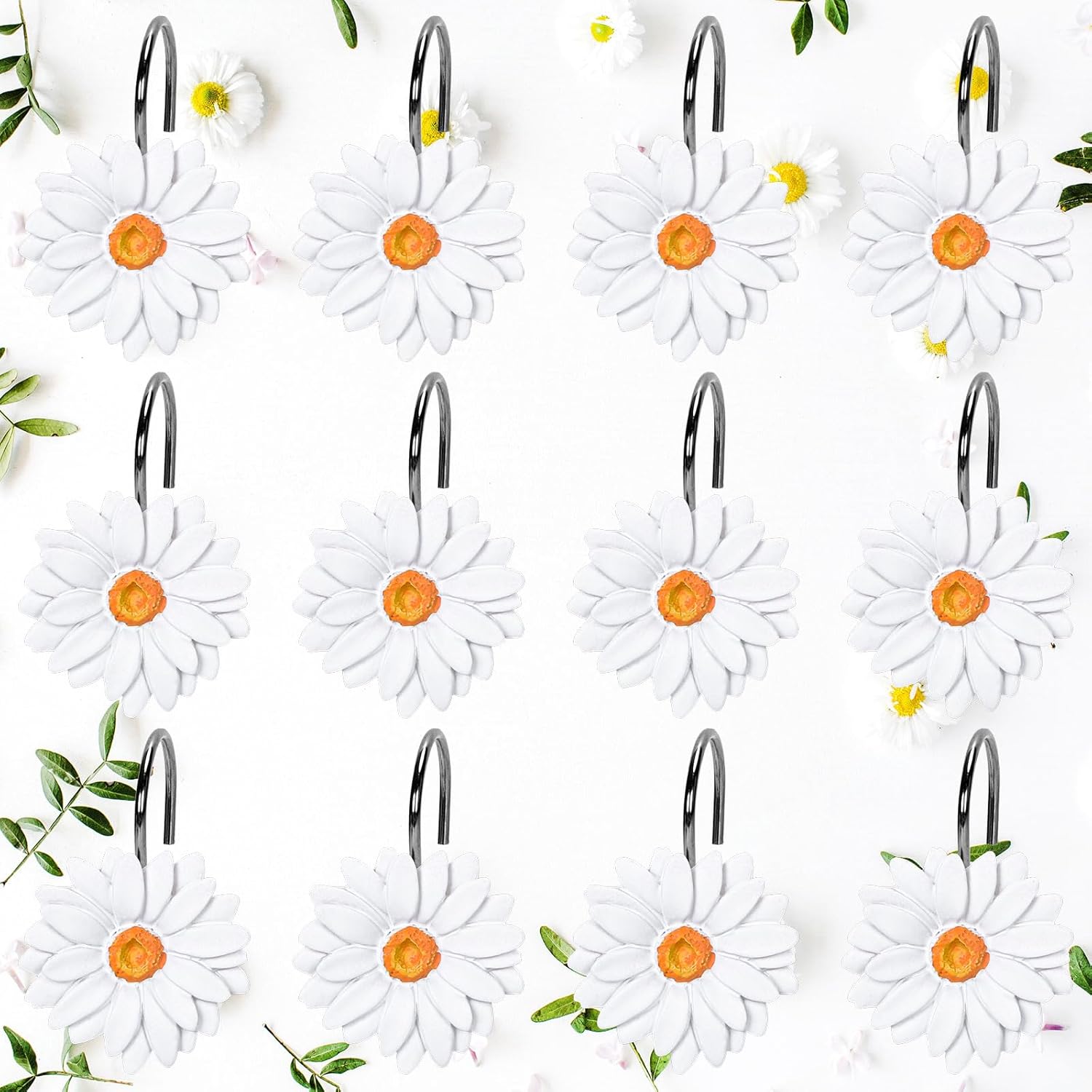 Whaline 12Pcs Spring Shower Curtain Hooks White Daisy