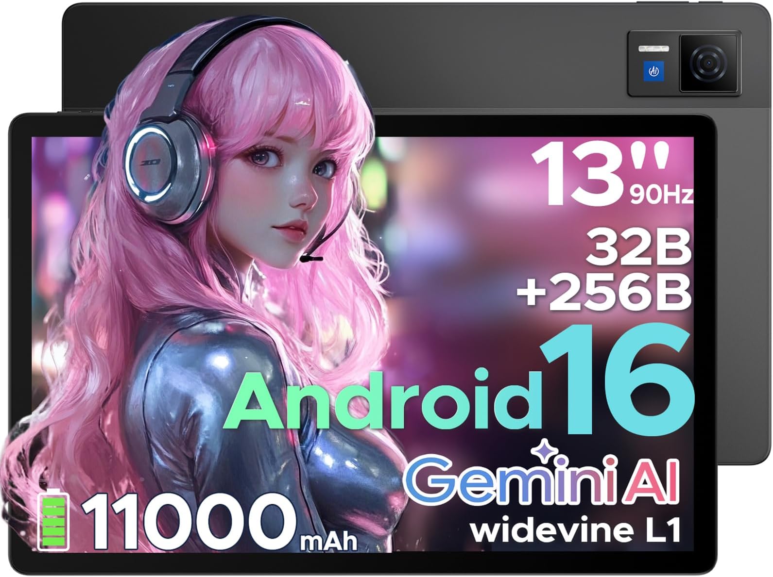 U13 13 inch Tablet with Gemini AI,Android 16 Tablet,11000mAh Battery,32GB+256GB,2.2Ghz Octa-Core Processor,90Hz Display Gaming Tablets,13MP+8MP,7.9mm Ultra-Thin Body,Face Unlock,Black