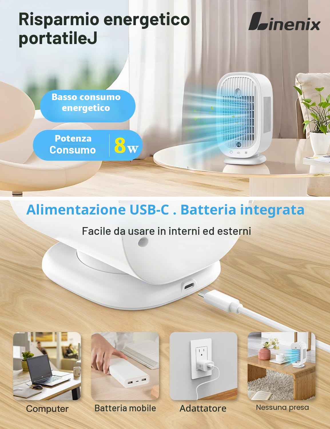 Condizionatore aria personalizzato, dispositivo di raffreddamento evaporativo, 5 in 1, circolatore, umidificatore, ventola di raffreddamento, nebulizzatore, luce notturna