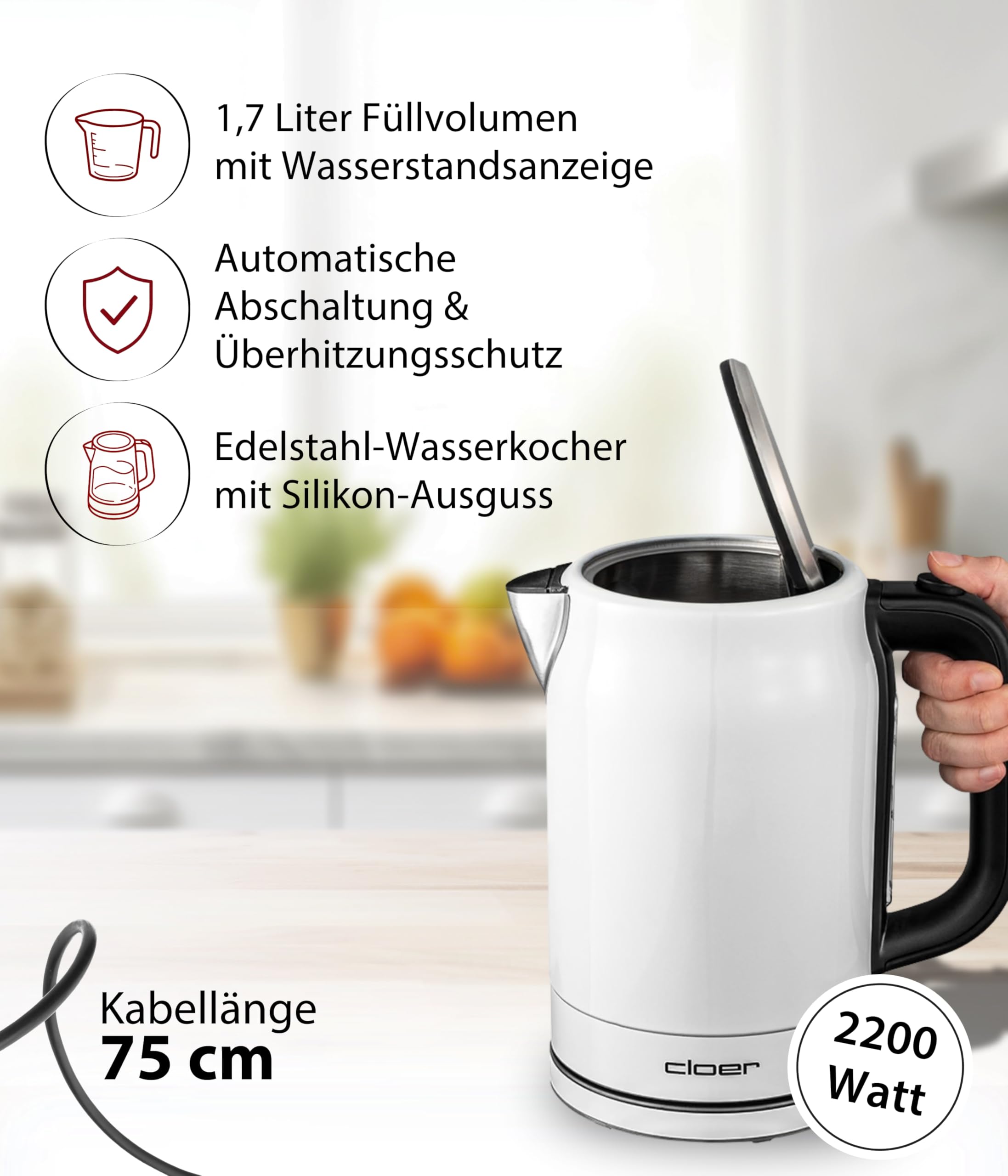 Cloer 4521 Czajnik elektryczny ze stali nierdzewne, 1,7 litra, 2200 W, wskaźnik poziomu wody, zabezpieczenie przed pracą na sucho i przegrzaniem, biały