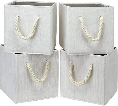 i BKGOO Contenedores plegables de almacenamiento de tela de bambú beige y blanco, organizador resistente con asa de cuerda de algodón para oficina