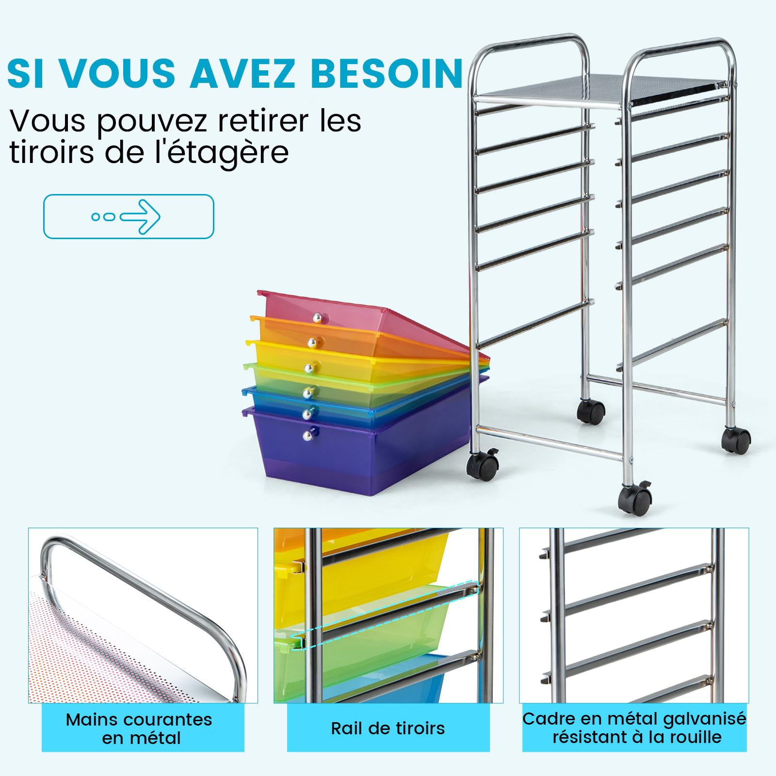 COSTWAY Chariot de Rangement à Roulettes avec 6 Tiroirs Plastiques, Tour de Rangement, Cadre en Métal, Desserte à Roulettes pour Bureau, Salon, Cuisine, Salle de Bain (Multicolore)