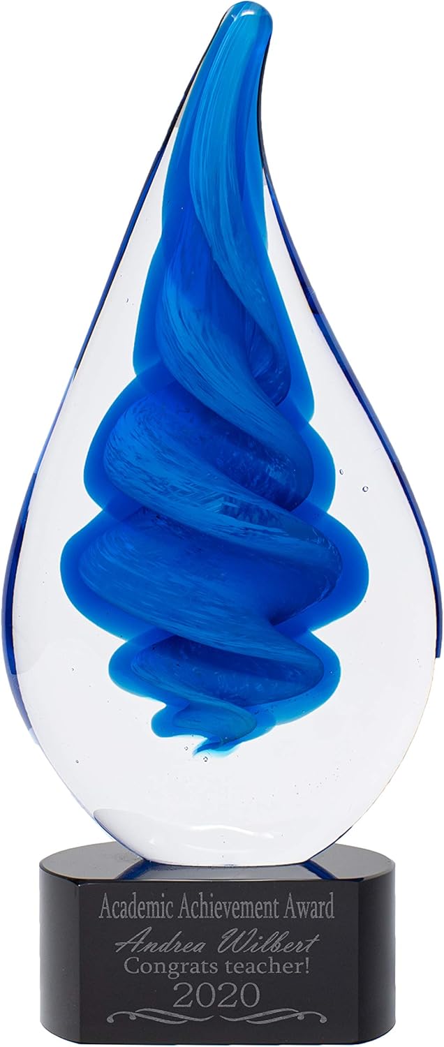 Personalized 10 1/4" Blue Twist Raindrop Art Glass Award Statue, Custom Engraved Blue Droplet Glass Art Sculpture for Employee Recognition, Appreciation, Volunteers, Donors, Teachers and More
