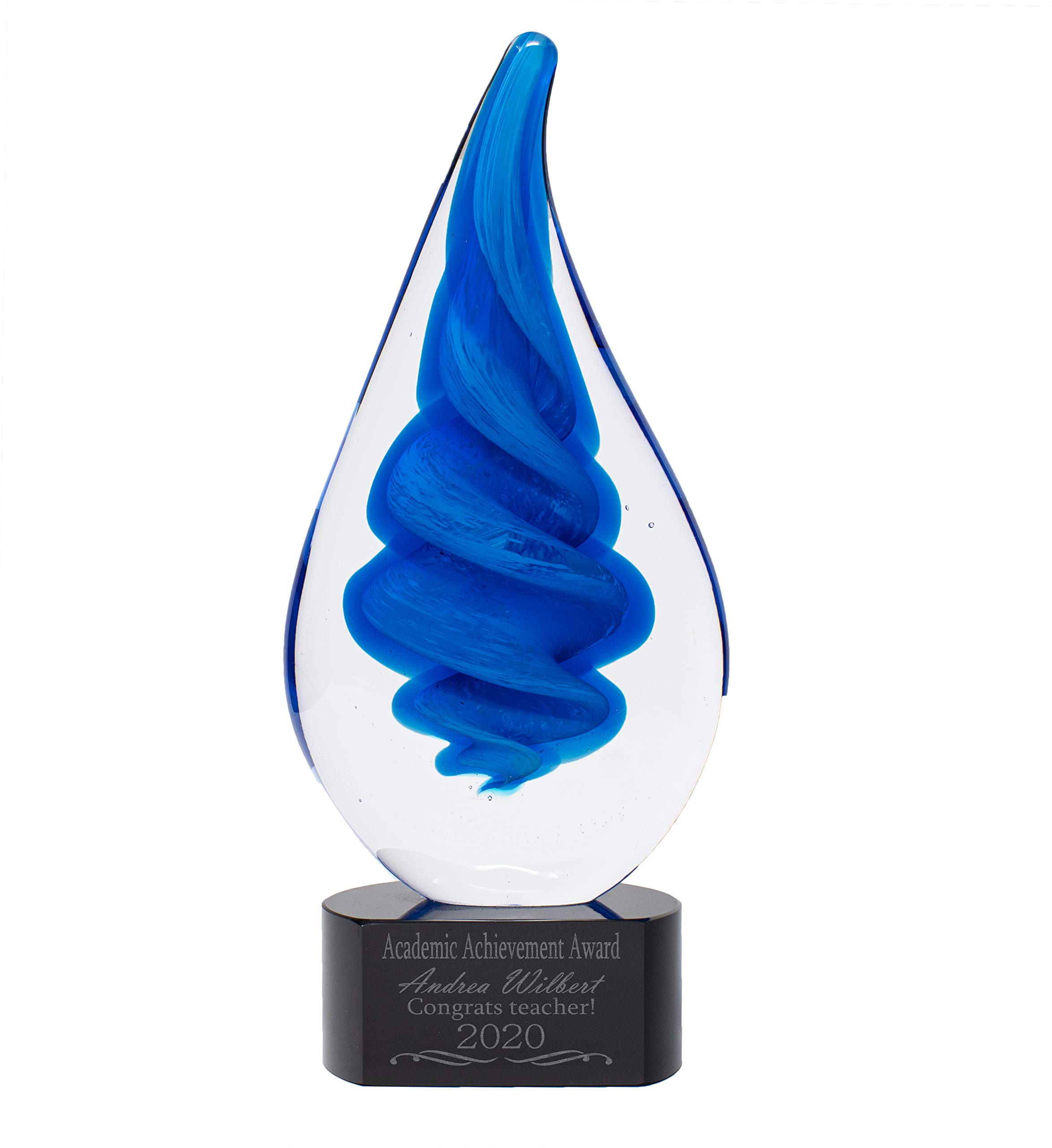Personalized 10 1/4" Blue Twist Raindrop Art Glass Award Statue, Custom Engraved Blue Droplet Glass Art Sculpture for Employee Recognition, Appreciation, Volunteers, Donors, Teachers and More