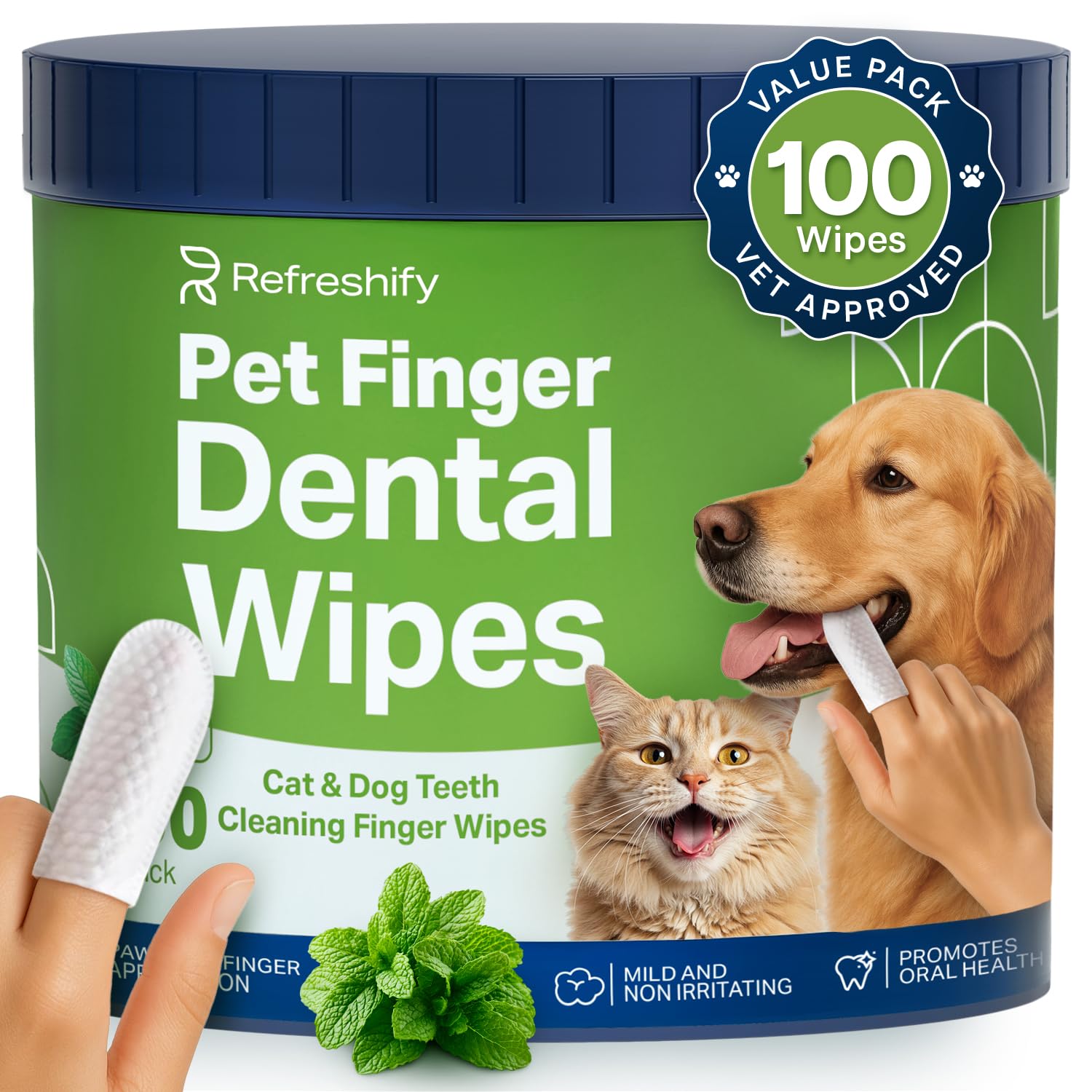 Dog Teeth Cleaning Wipes - 100 Value Pack - Fresh Mint Dog Dental Wipes, Vet Formulated Pet Teeth Cleaning Finger Wipes for Dogs & Cats – Effective Dog Teeth Cleaning, Plaque & Tartar Solution